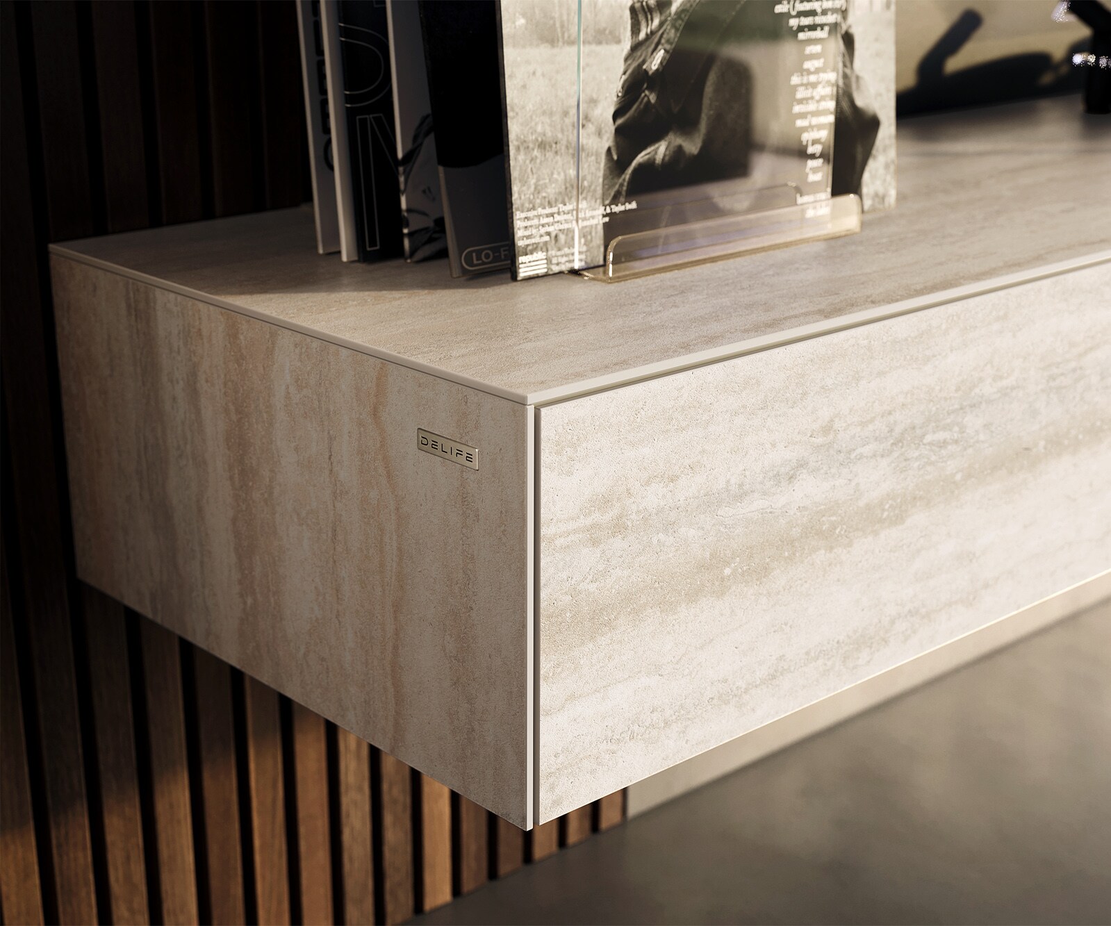 Ниска дъска Cuor 150 см Керамичен ламинат® Travertino Bianco Крем-бяло 1 клапа 1 чекмедже Плаващо 6