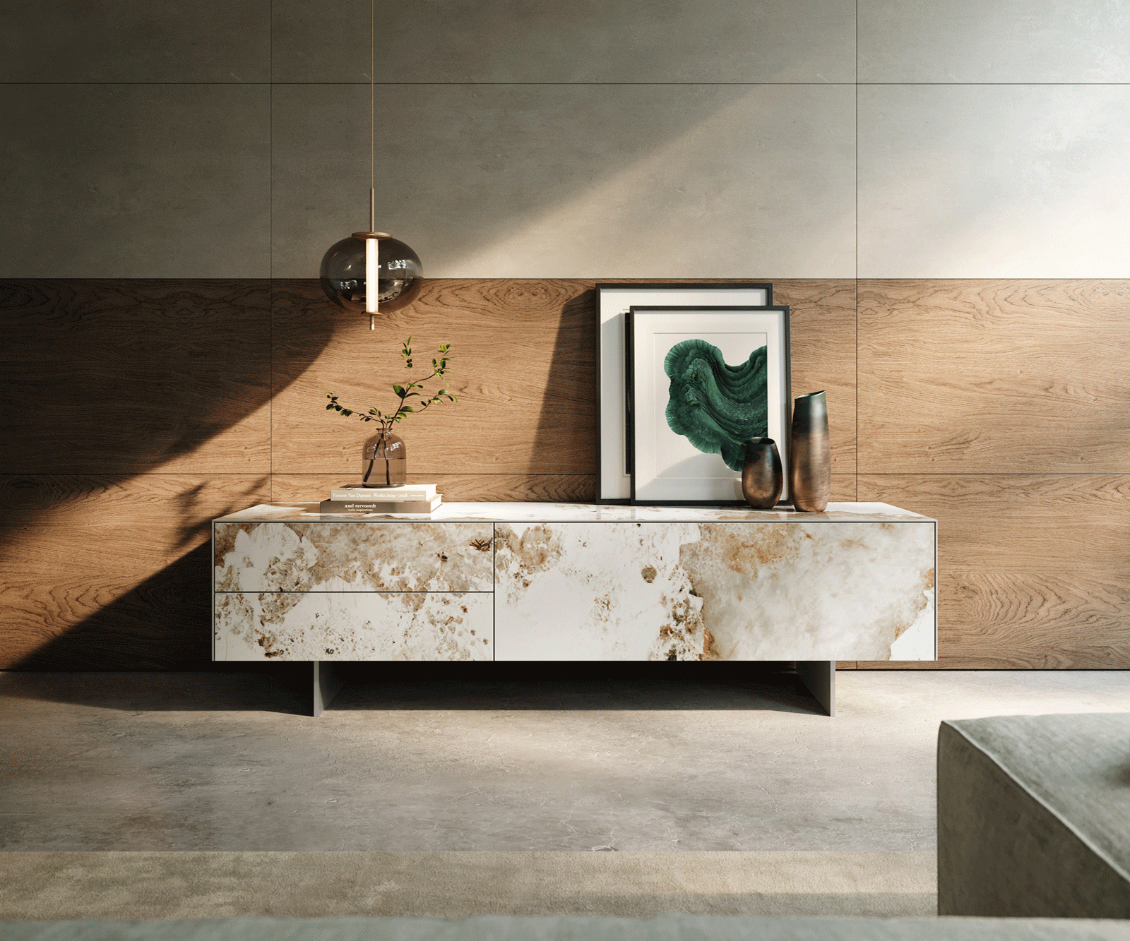 Нисък плот Cuor 180 см керамика Minas Melange Бяло-бежово 1 клапа 2 чекмеджета Основа Плаващ вид неръждаема стомана 2