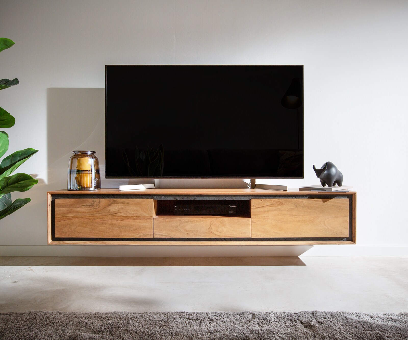 ТВ шкаф 175 cm Акация Натурал 2 Врати 1 Рафт 1 Чекмедже каменен фурнир висящ Stonegrace 2