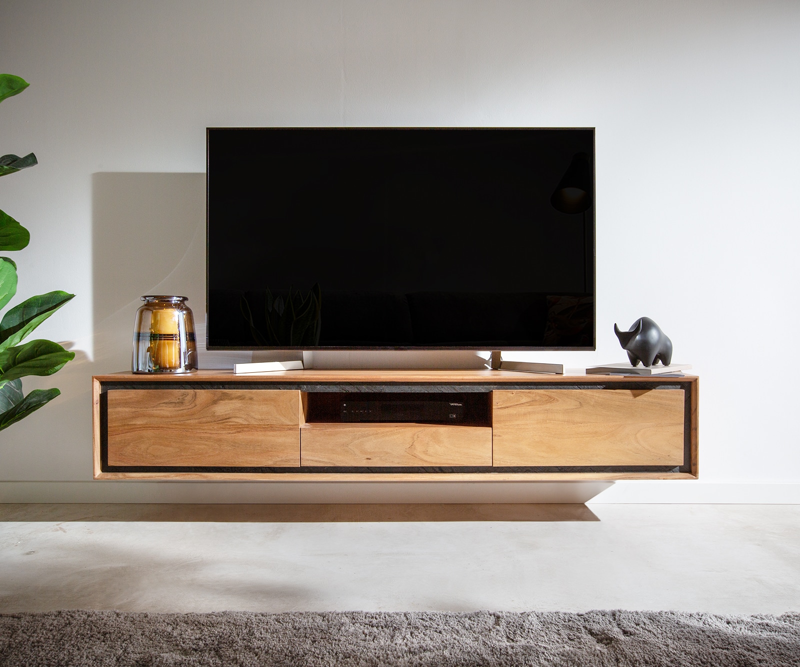 ТВ шкаф 175 cm Акация Натурал 2 Врати 1 Рафт 1 Чекмедже каменен фурнир висящ Stonegrace 2