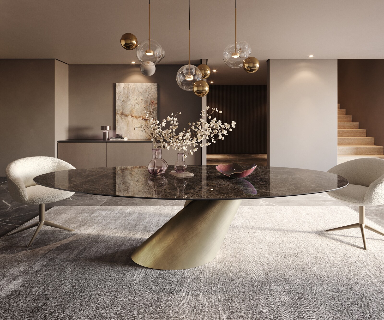 Трапезна маса Edge Oval 280x130 Ceramic Laminam® Emperador Extra Lucidato Dark brown Cono Metallic Gold 1