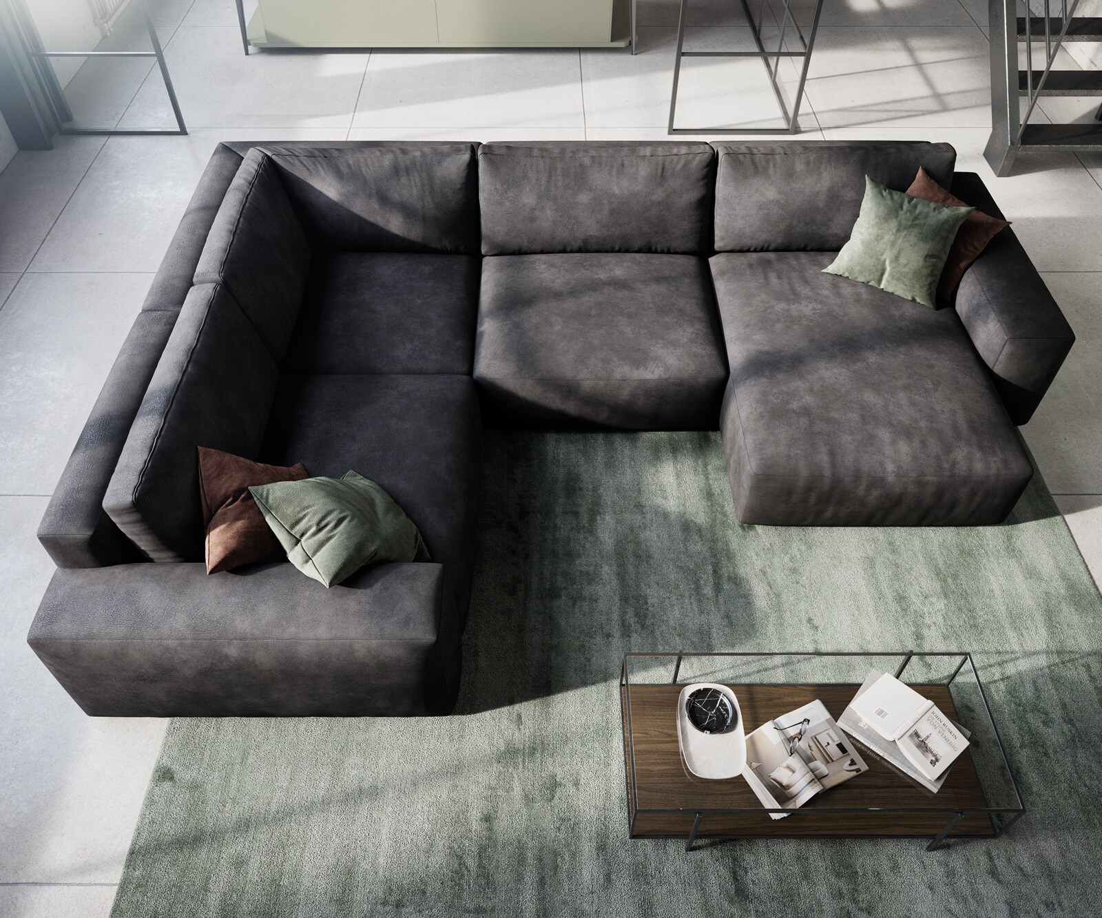 Холна гарнитура Lanzo 300x210 см имитация на кожа винтидж антрацит Recamiere променлива с осман 3