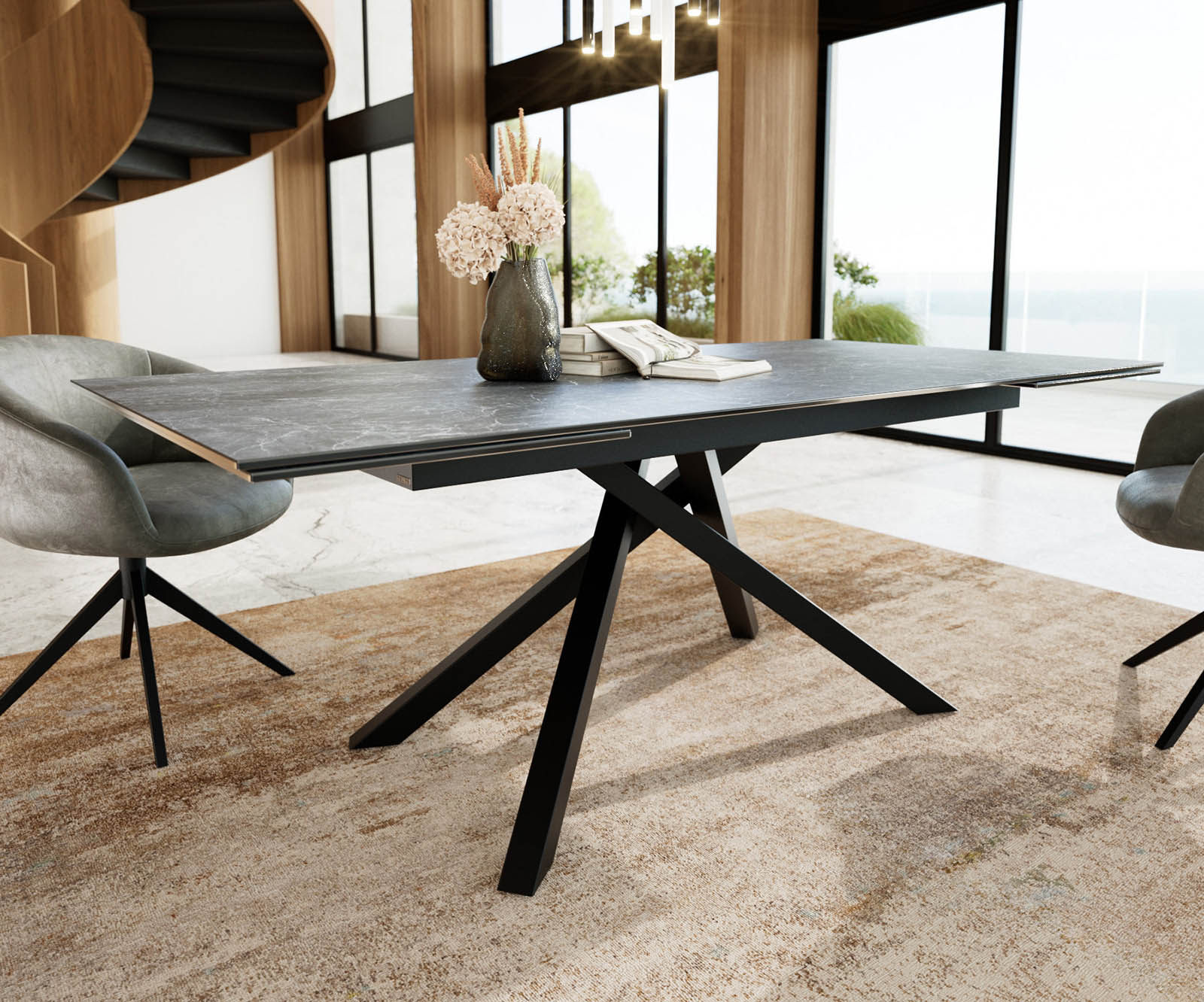 Разтегателна трапезна маса Edge 200-300х100 см Керамика Laminam® Nero Greco Антрацит Кръсртовидна основа Черен 4