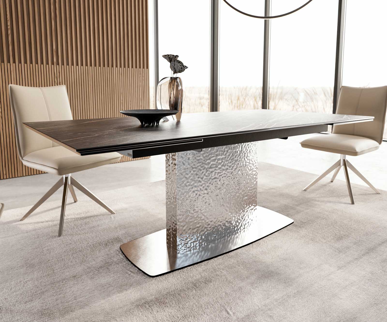 Разтегателна трапезна маса Edge 200-300х100 см Керамика Laminam®Noir Desir Тъмнокафяв Един крак основа Сребристосив 5
