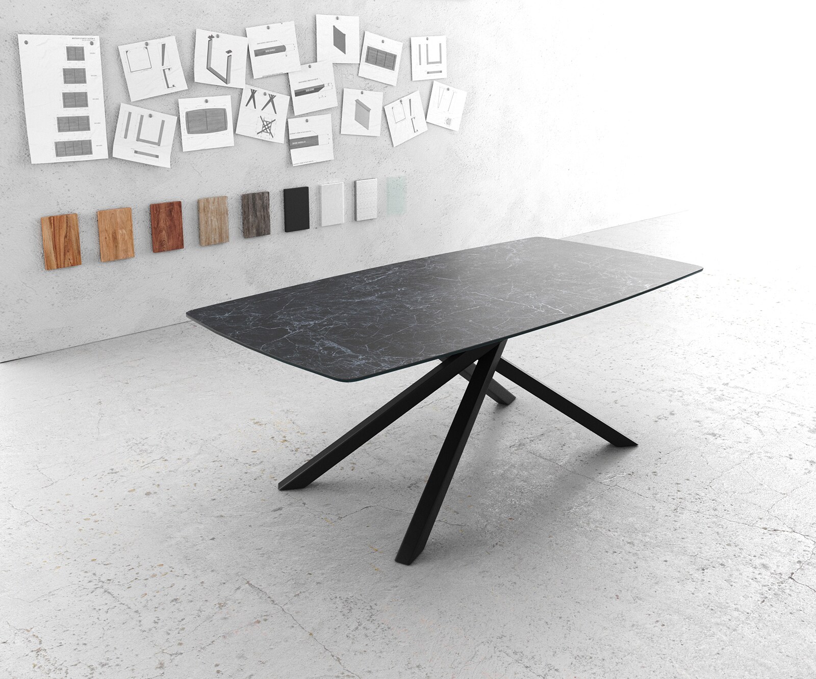 Маса Bootsform 200x100cm Laminam® Keramik Nero Greco Антрацит среден крак Кръст Черен Edge 1