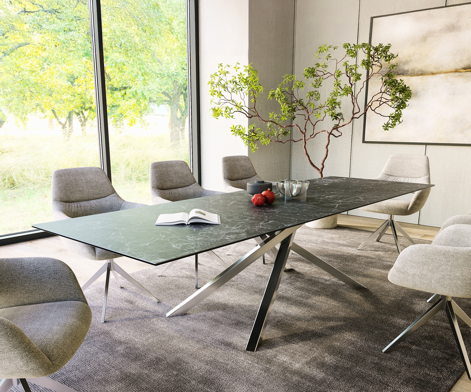 Маса 300x100cm Keramik Laminam®Nero Greco Антрацит КръстРамка Правоъгълник Неръждаема стомана Edge