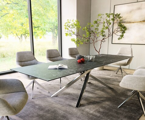 Трапезна маса Edge 300x100 см, керамика Laminam „®“, „Nero Greco“, антрацит, кръстообразна рамка, правоъгълна, неръждаема стомана