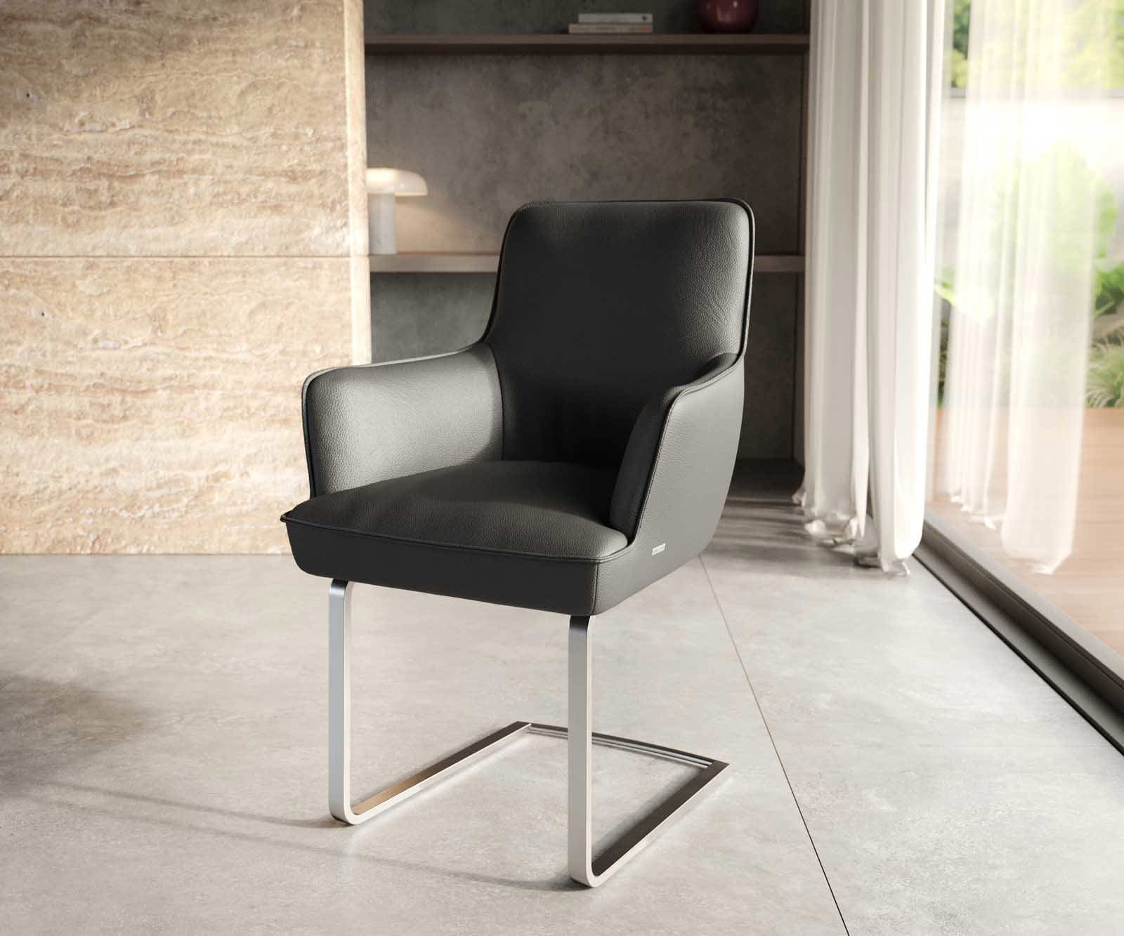 Люлеещ стол с подлакътници Естествена кожа Черен Конзолен крак плосък Неръждаема стомана Покет пружина Heira-Flex Люлеещ стол с подлакътници Естествена кожа Черен Конзолен крак плосък Неръждаема стомана Покет пружина Heira-Flex