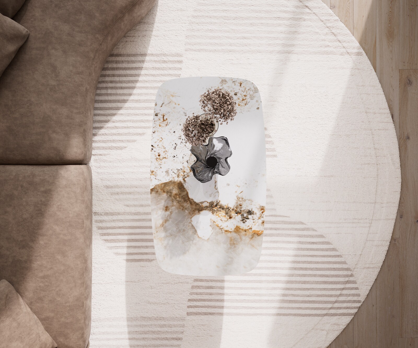 Масичка за кафе Edge Boot 120x70 cm керамика Minas Melange Vibany метален ефект покритие титан 6