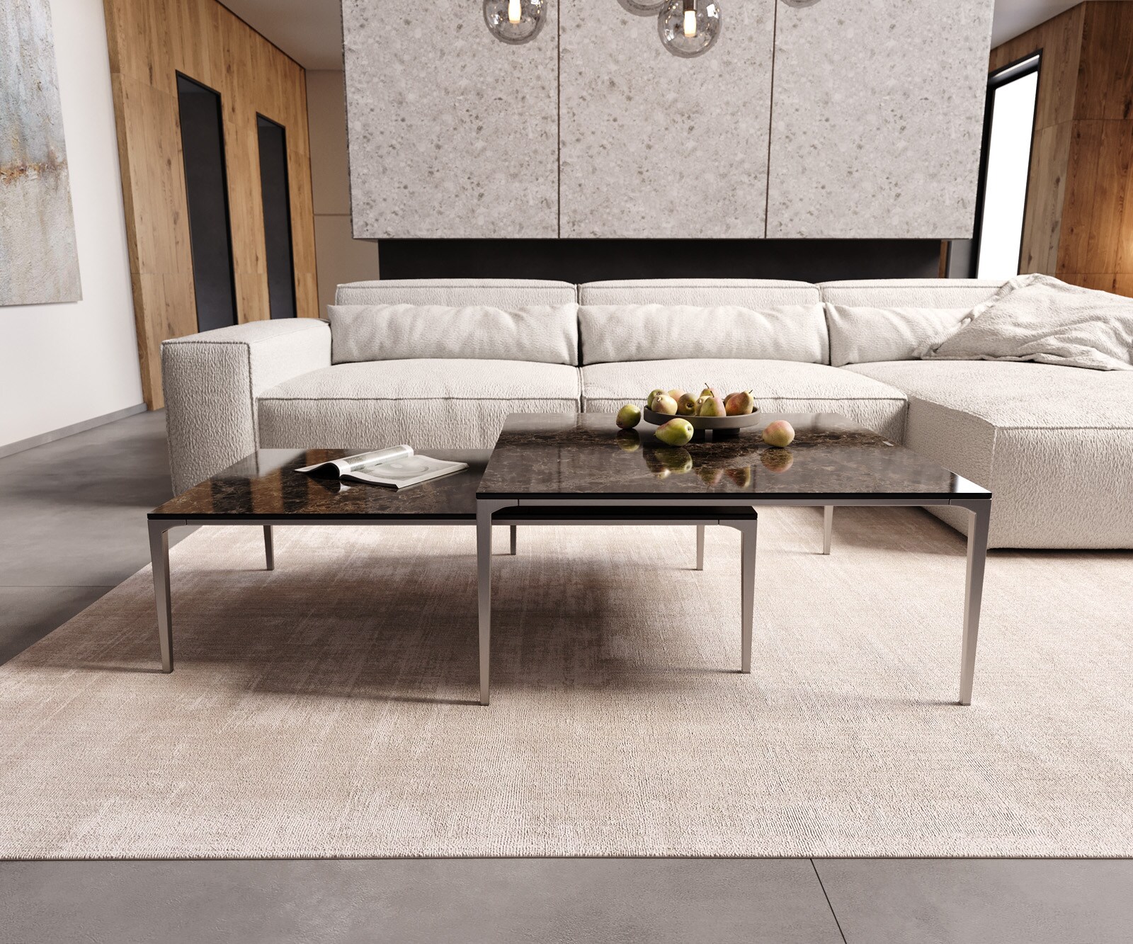 Масичка за кафе Levente 110x60 cm Керамичен ламинат®Emperador Extra Lucidato Тъмно кафяво Рамка от неръждаема стомана сребро 6