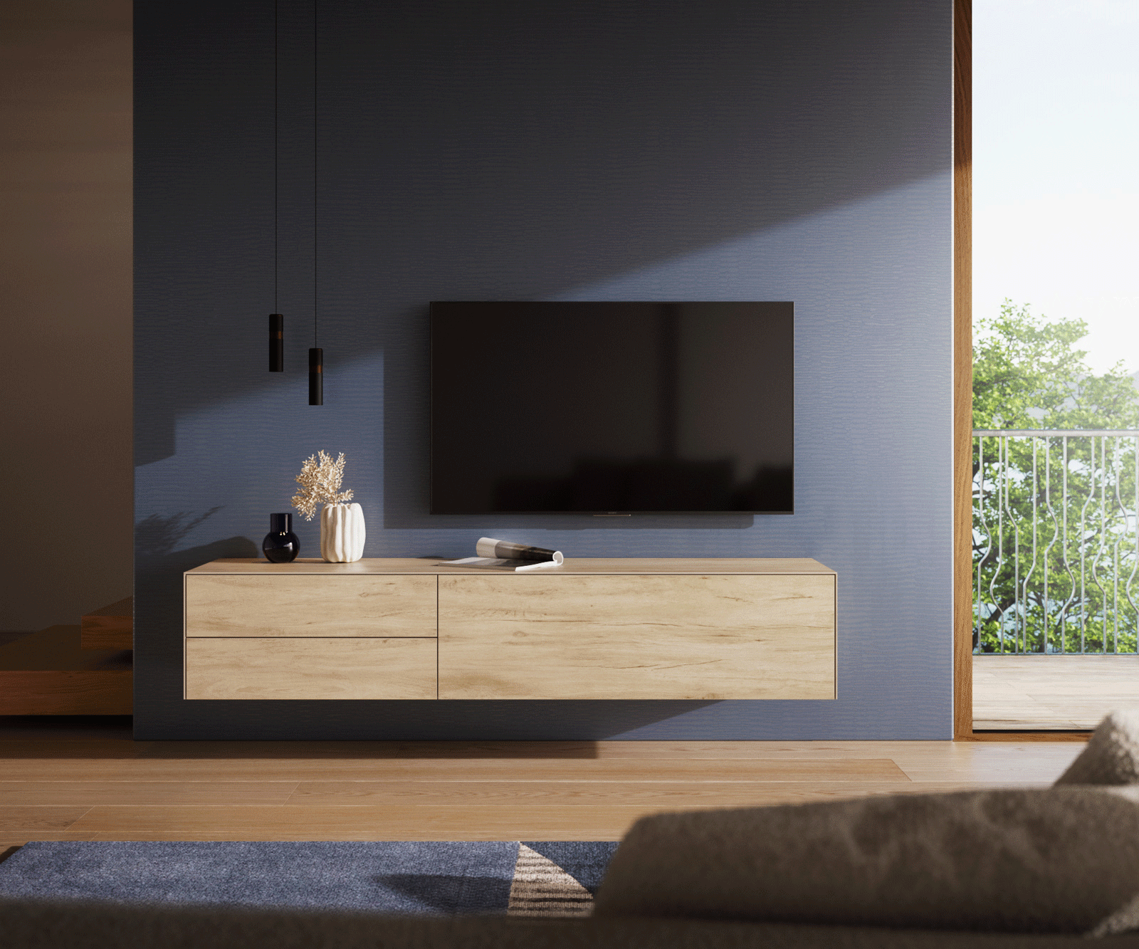 Стенен ТВ шкаф Cuor 180 см Керамика Laminam® Sabbia Дъб цвят 1 врата 2 чекмеджета  1