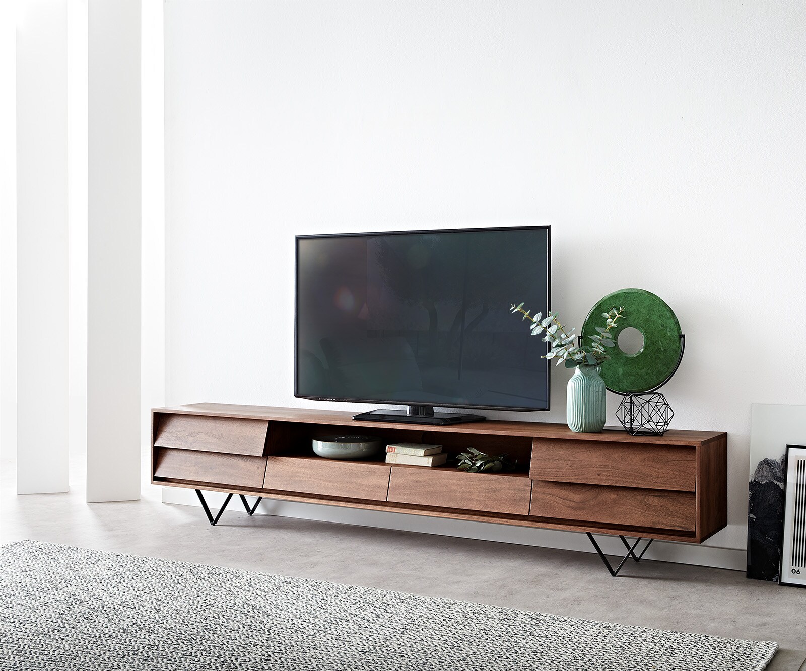 ТВ шкаф 240x35 cm Акация Кафяв 2 Врати 2 Чекмеджета V-Крак Черен Eloi