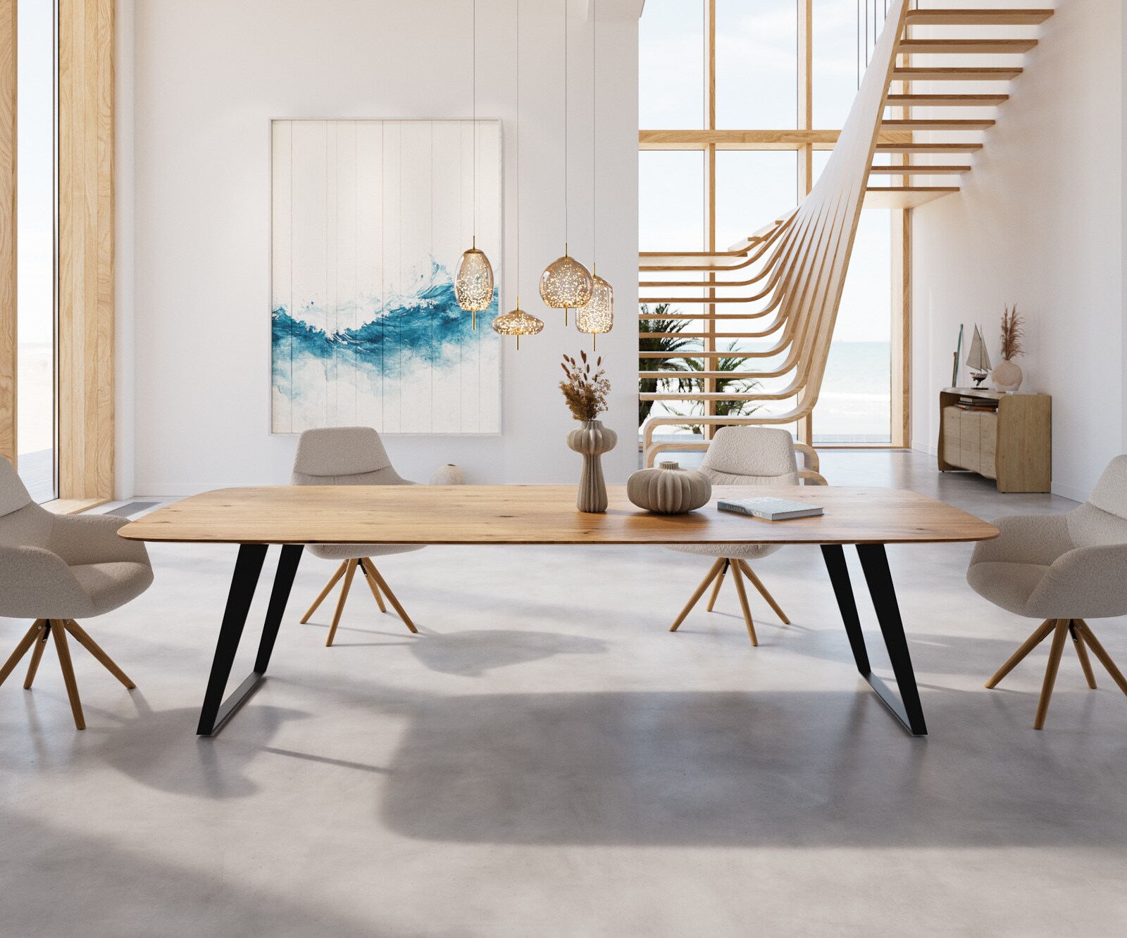 Маса Boot 300x100 Дъб Натурал Метал под ъгъл Черен Швейцарски ръб Edge 2