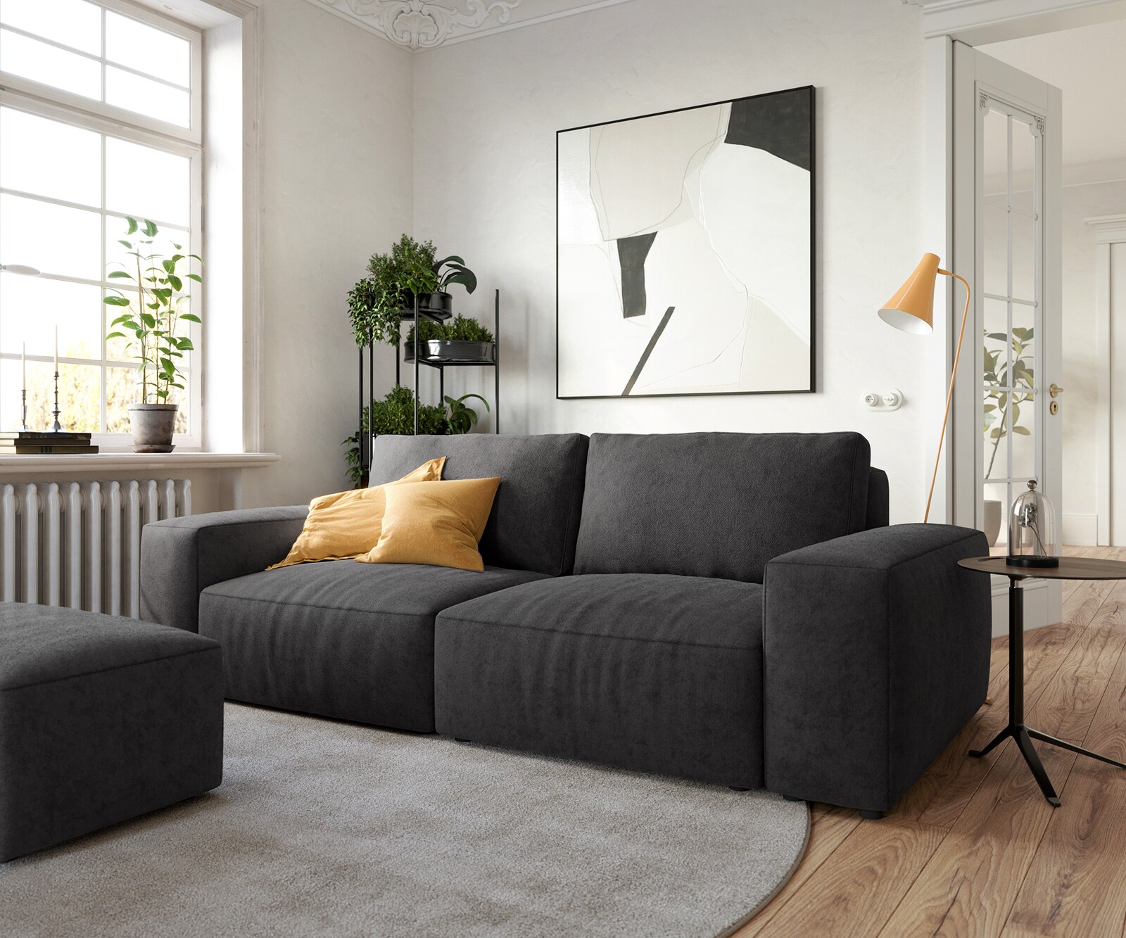 Голям диван Lanzo L 230x95 см Микрофибър Черен с табуретка