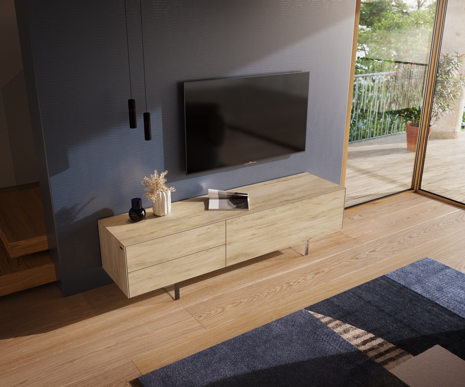 ТВ шкаф Cuor 180 см Керамика Laminam® Sabbia Дъбов цвят 1 врата 2 чекмеджета Основа Акрилно стъкло 4