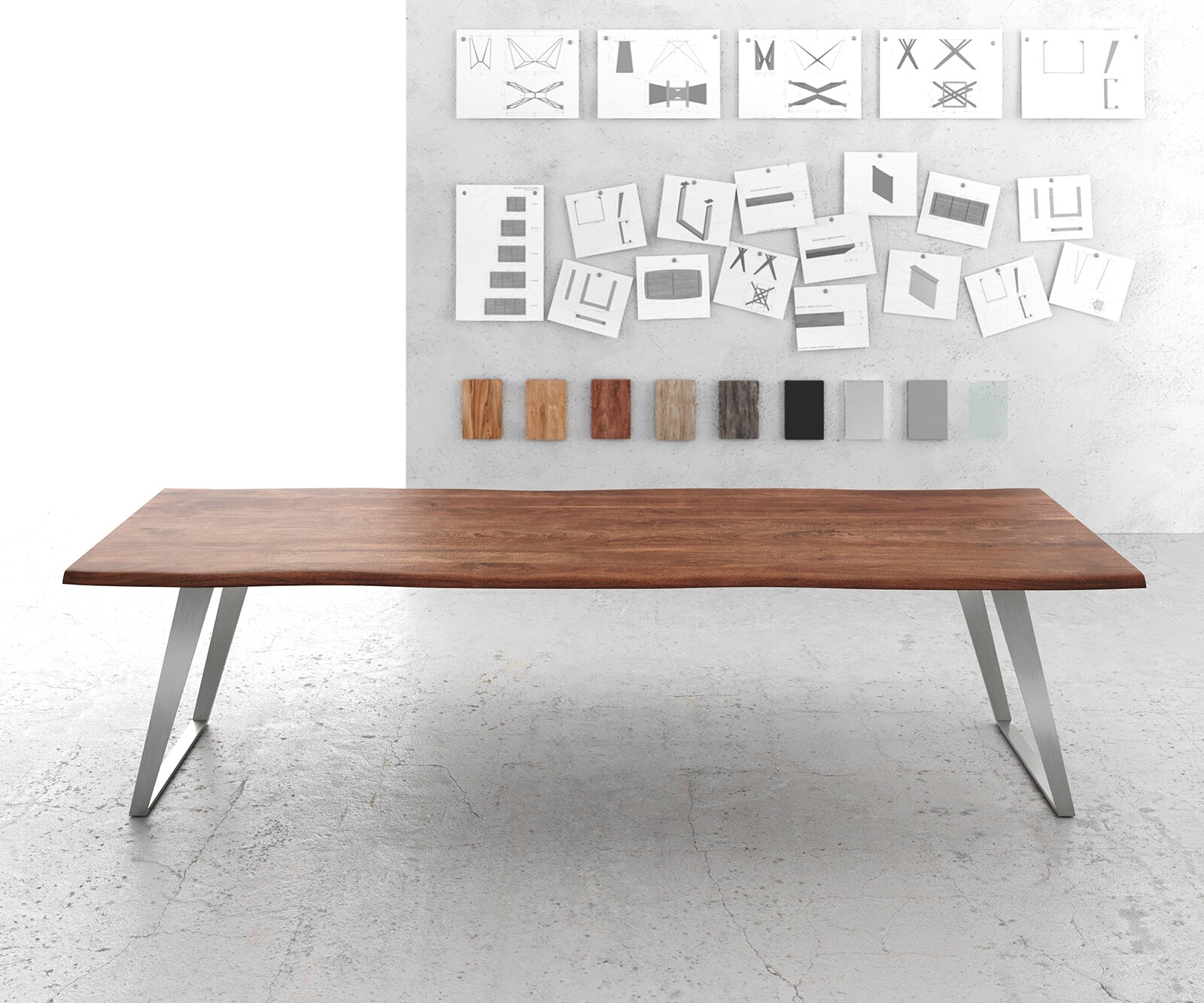 Маса 300x100cm Акация Кафяв Неръждаема стомана Сребрист под ъгъл Edge 1