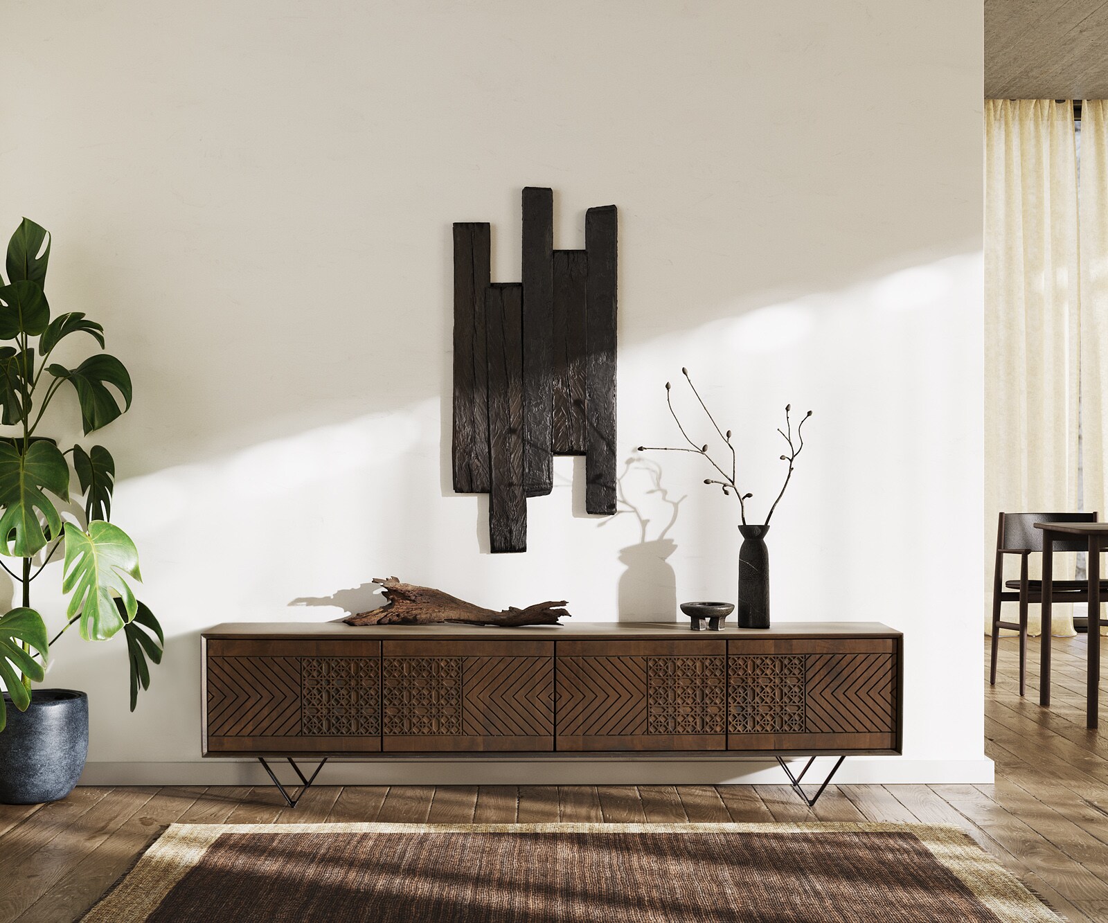 ТВ шкаф Manjula 200 см манго кафяво 4 врати V-образен метален крак черен 2