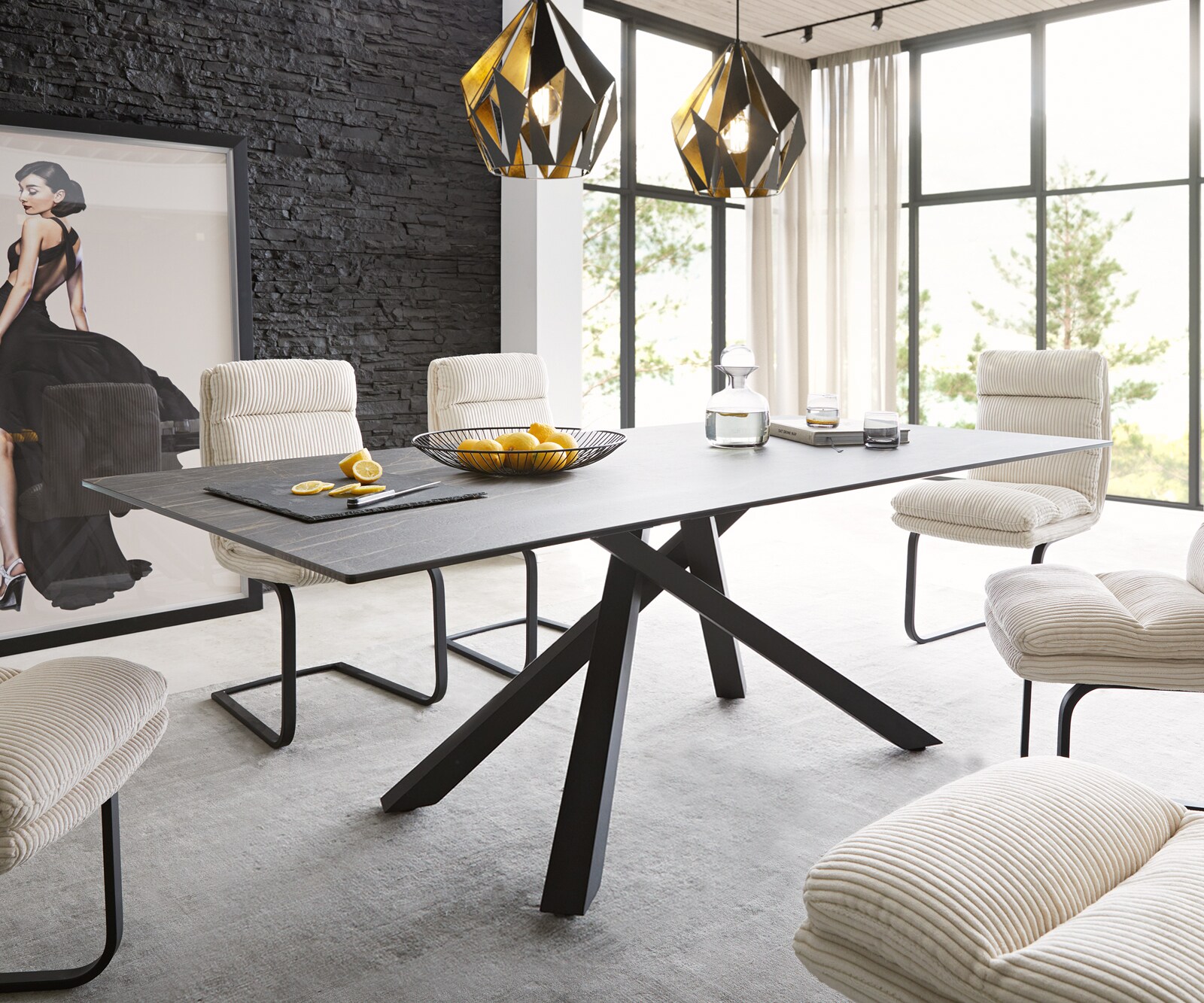 Маса 200x100cm Keramik Laminam®Noir Desir Кафяв среден крак Кръст Черен Edge