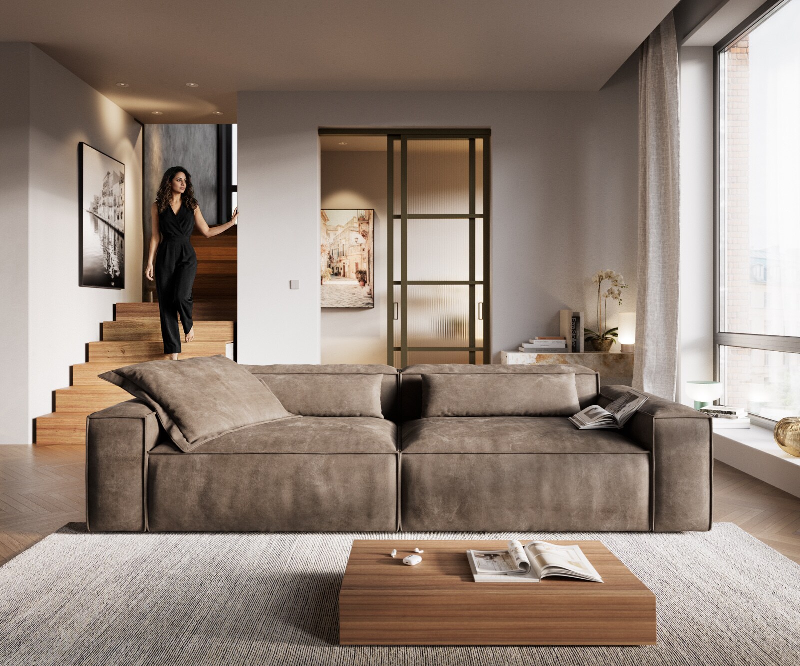 Голям диван Freestyle 280x110 cm микрофибър сив реколта тръбен шев