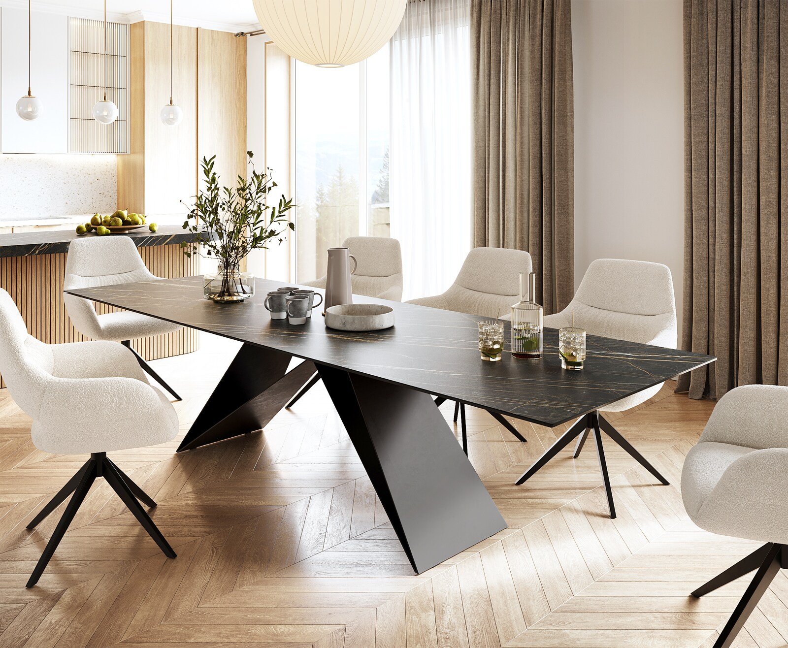 Маса 300x100cm Keramik Laminam®Noir Desir Кафяв V-среден крак Черен Edge