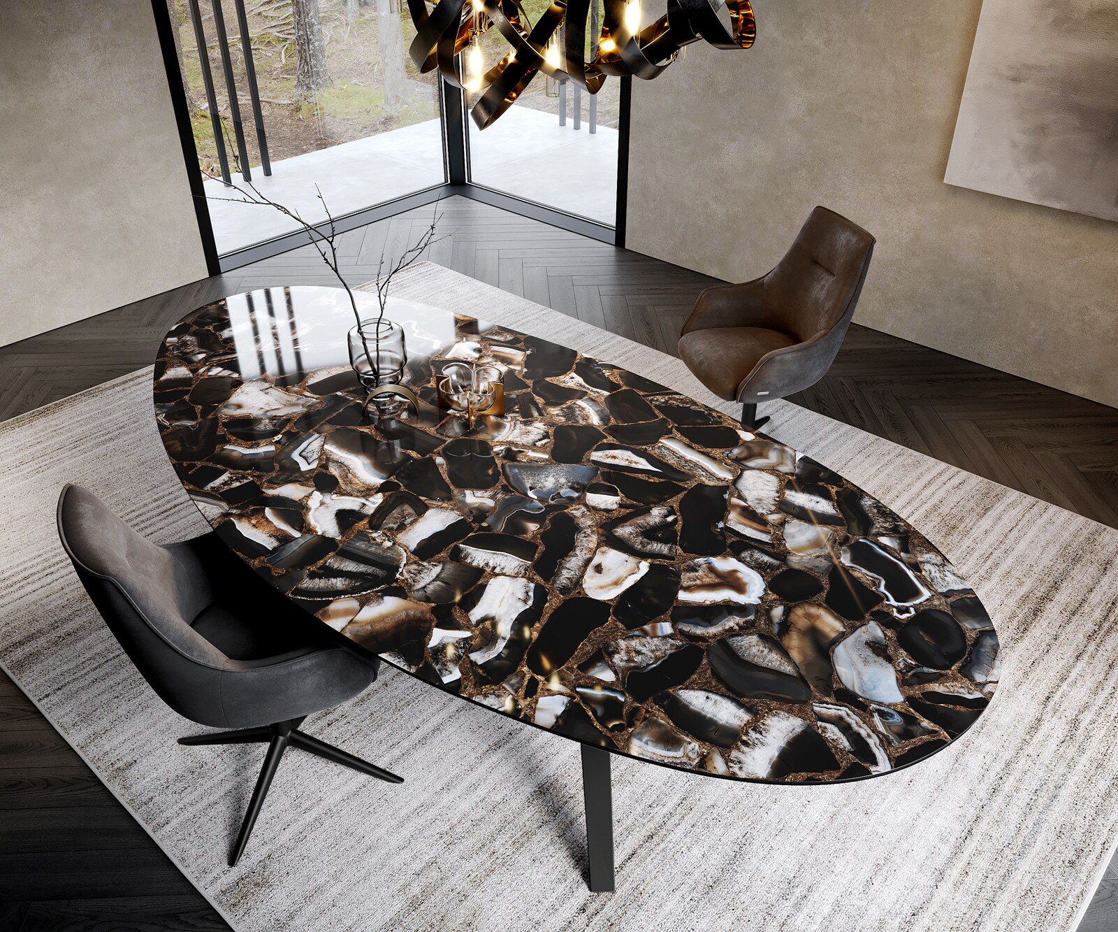 Трапезна маса Edge Oval 280x130, керамика Iris FMG Agatablack, Zenthara с остри ръбове, метал, черна 1