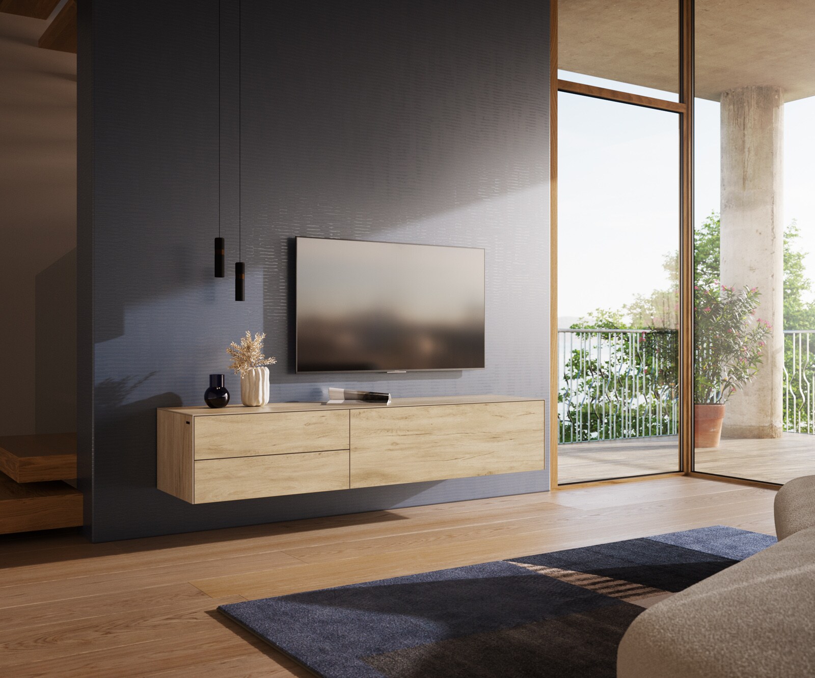 Стенен ТВ шкаф Cuor 180 см Керамика Laminam® Sabbia Дъб цвят 1 врата 2 чекмеджета 
