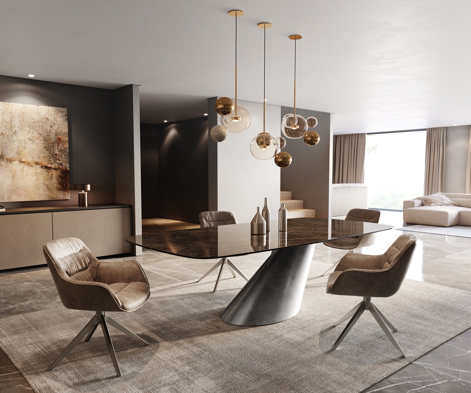 Трапезна маса Edge Boot 240x120 Керамичен ламинат® Emperador Extra Lucidato Тъмно кафяво Cono Metallic Silver 6