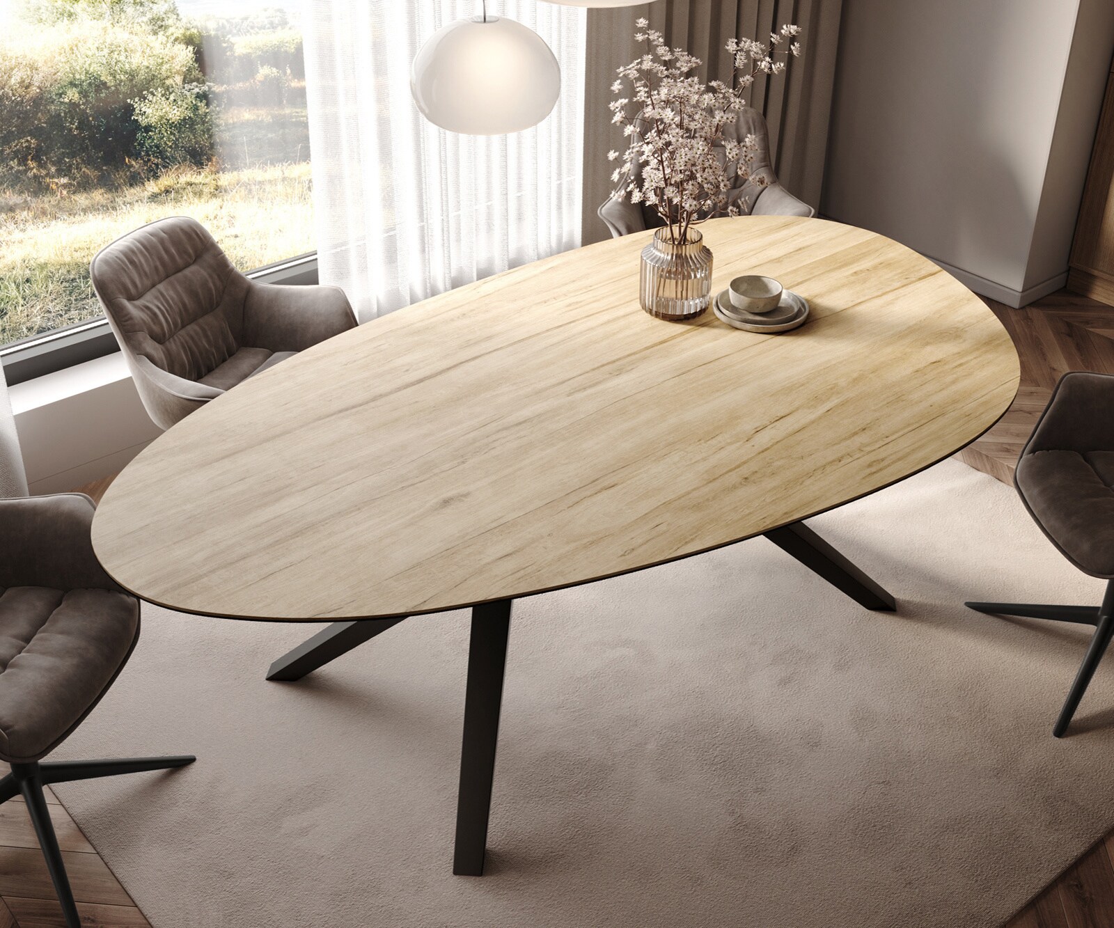 Трапезна маса Edge Oval 220x120, керамика Laminam „®“, цвят „Sabbia“ (дъбов), Zenthara, с остри ръбове, метал, черна 4