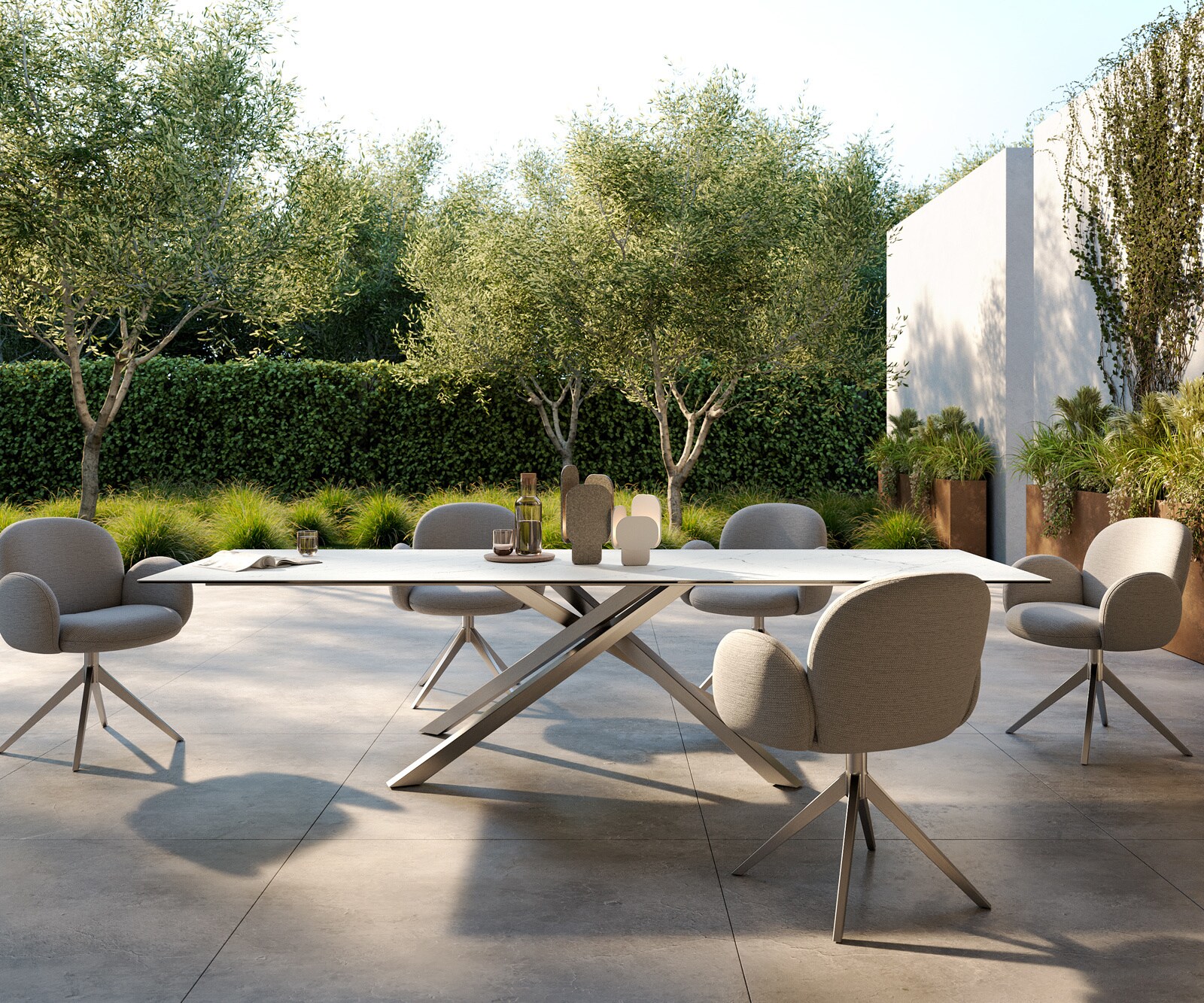 Луксозна външма маса Edge 300x100 см, керамичен правоъгълен плот Laminam ® Statuarietto, Кръстовидна основа, Бял/Сребристосив 1