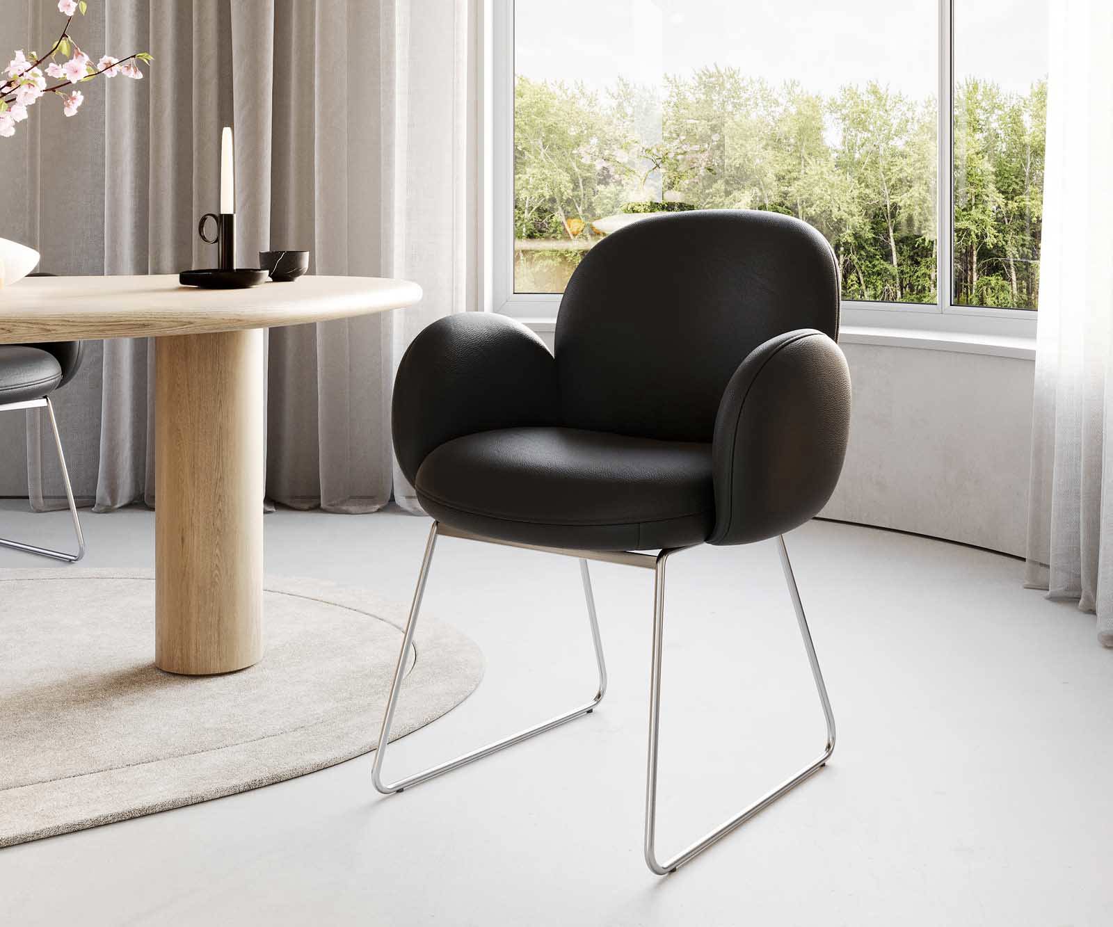 Стол Естествена кожа Черна Извити крака Неръждаема стомана Покет пружина Nube-Flex