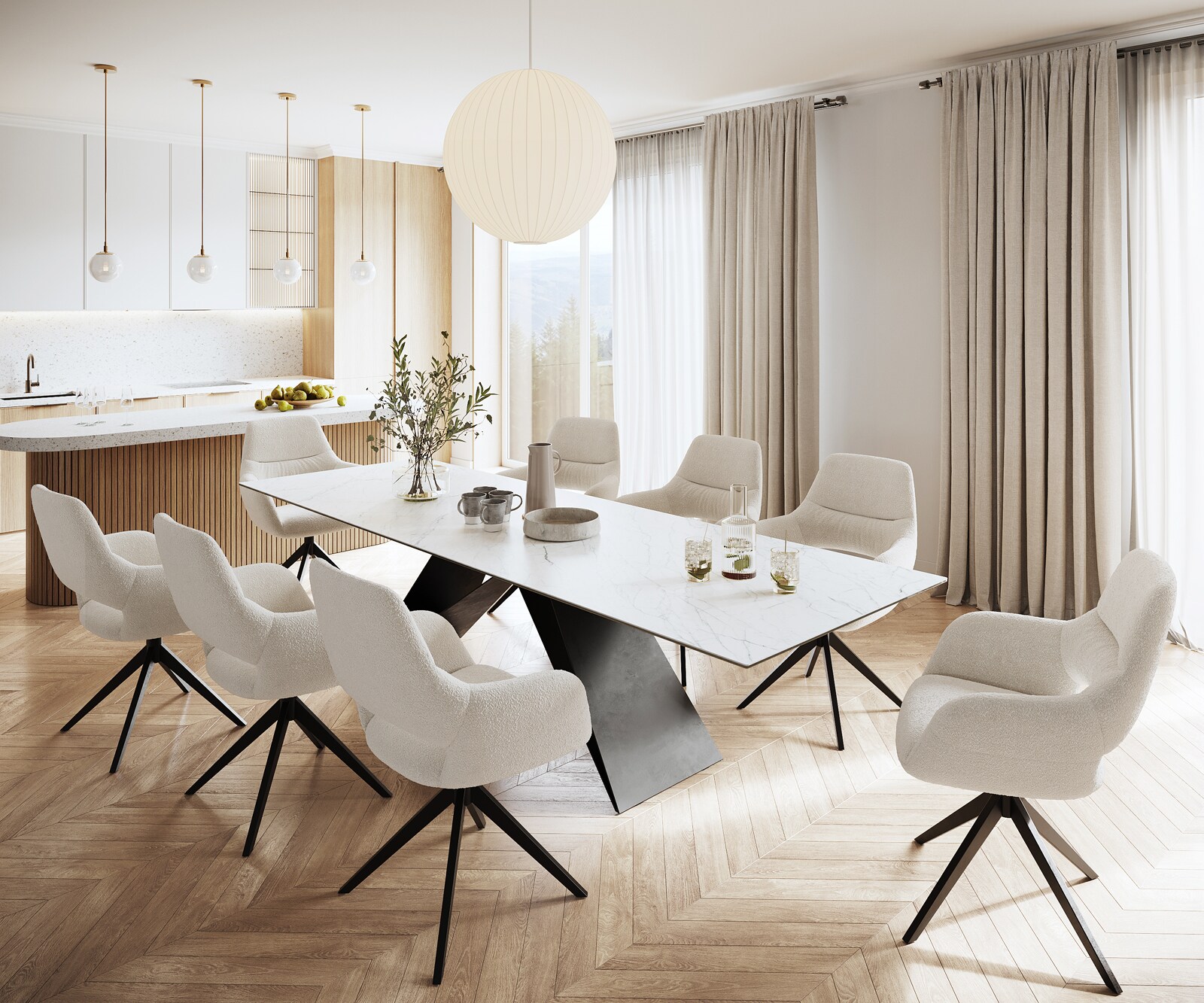 Маса 300x100cm Keramik Laminam®Statuarietto Бял V-среден крак Черен Edge 5