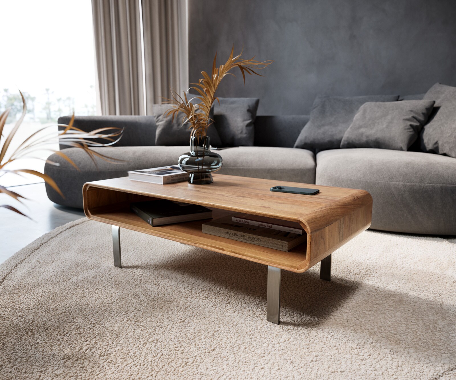 Масичка за кафе Anaya 100x50 cm естествена акация 1 рафт L-крак от неръждаема стомана 1