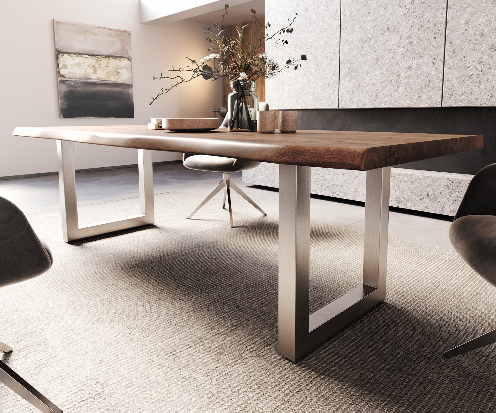 Трапезна маса Edge 260x100 XL от акация, кафява, неръждаема стомана, широка, с естествени ръбове 5