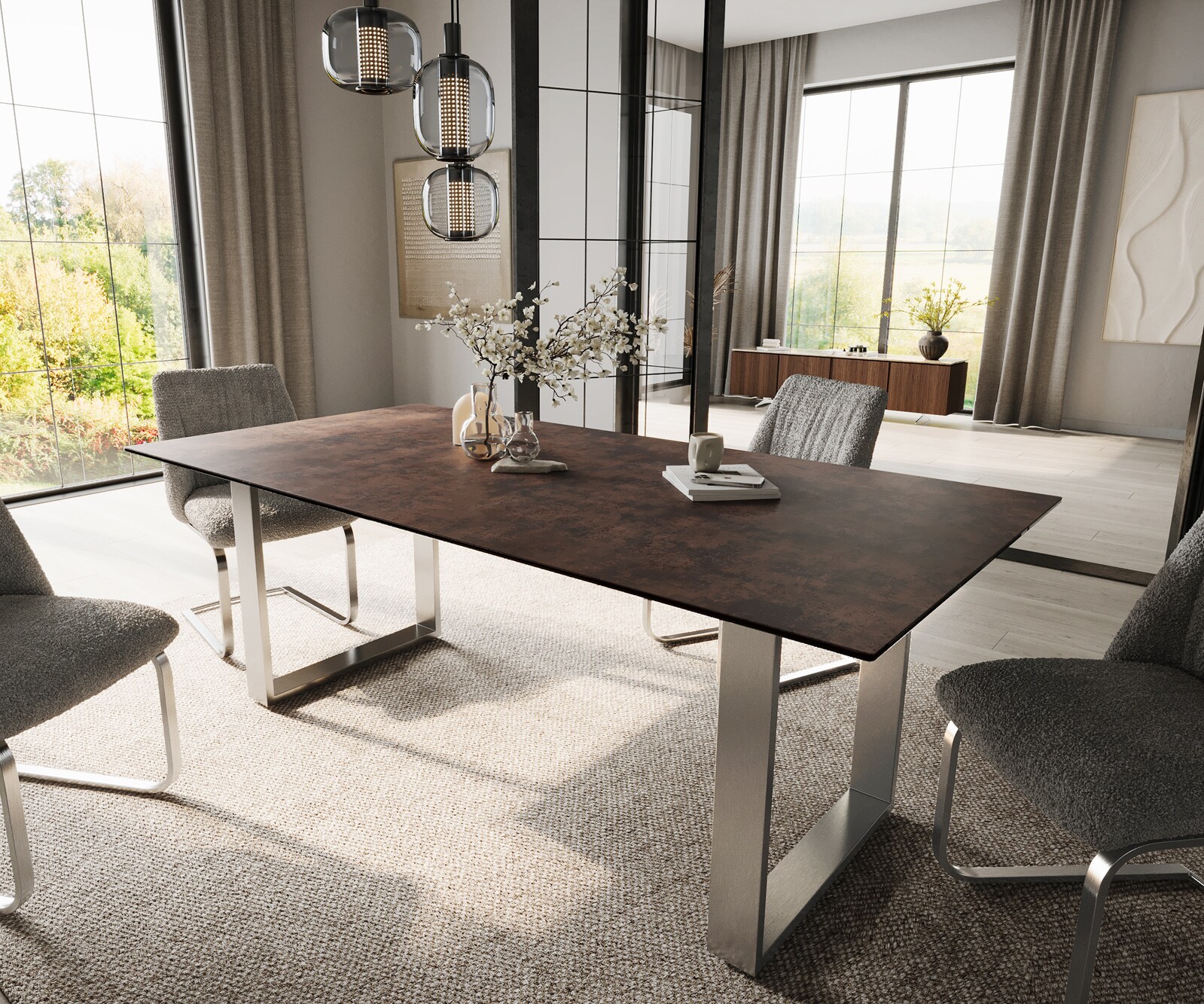 Edge трапезна маса 200x100 стъкло антично кафяво неръждаема стомана тесен 1