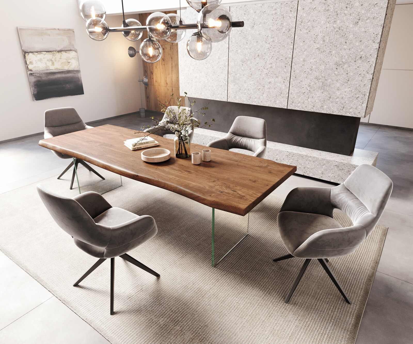 Трапезна маса Edge 260x100 XL от акация, кафява, със стъкло и естествени ръбове 6