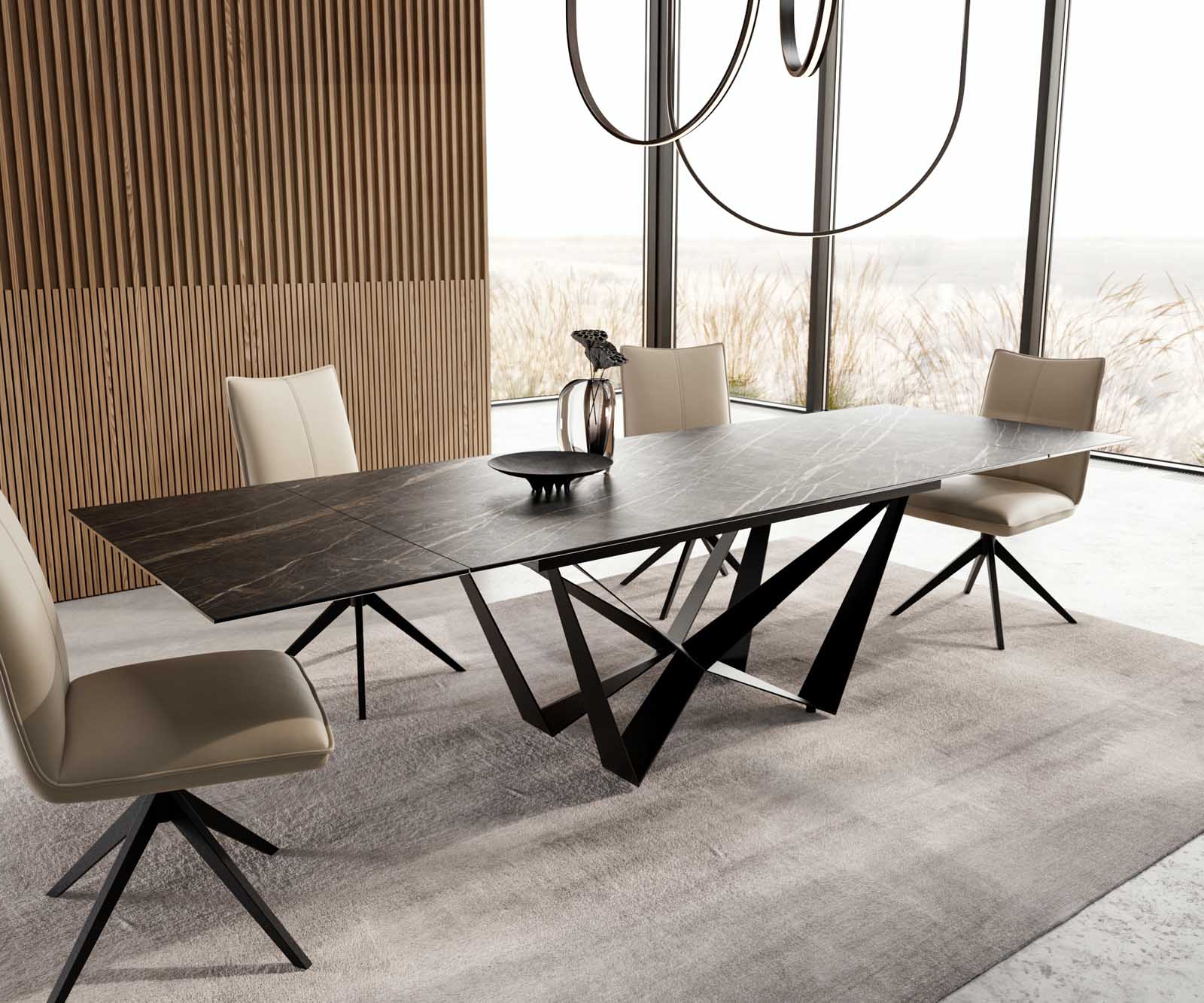 Разтегателна трапезна маса Edge 200-300х100 см Керамика Laminam®Noir Desir Кафяв Основа стомана тип Spider Черен цвят 7