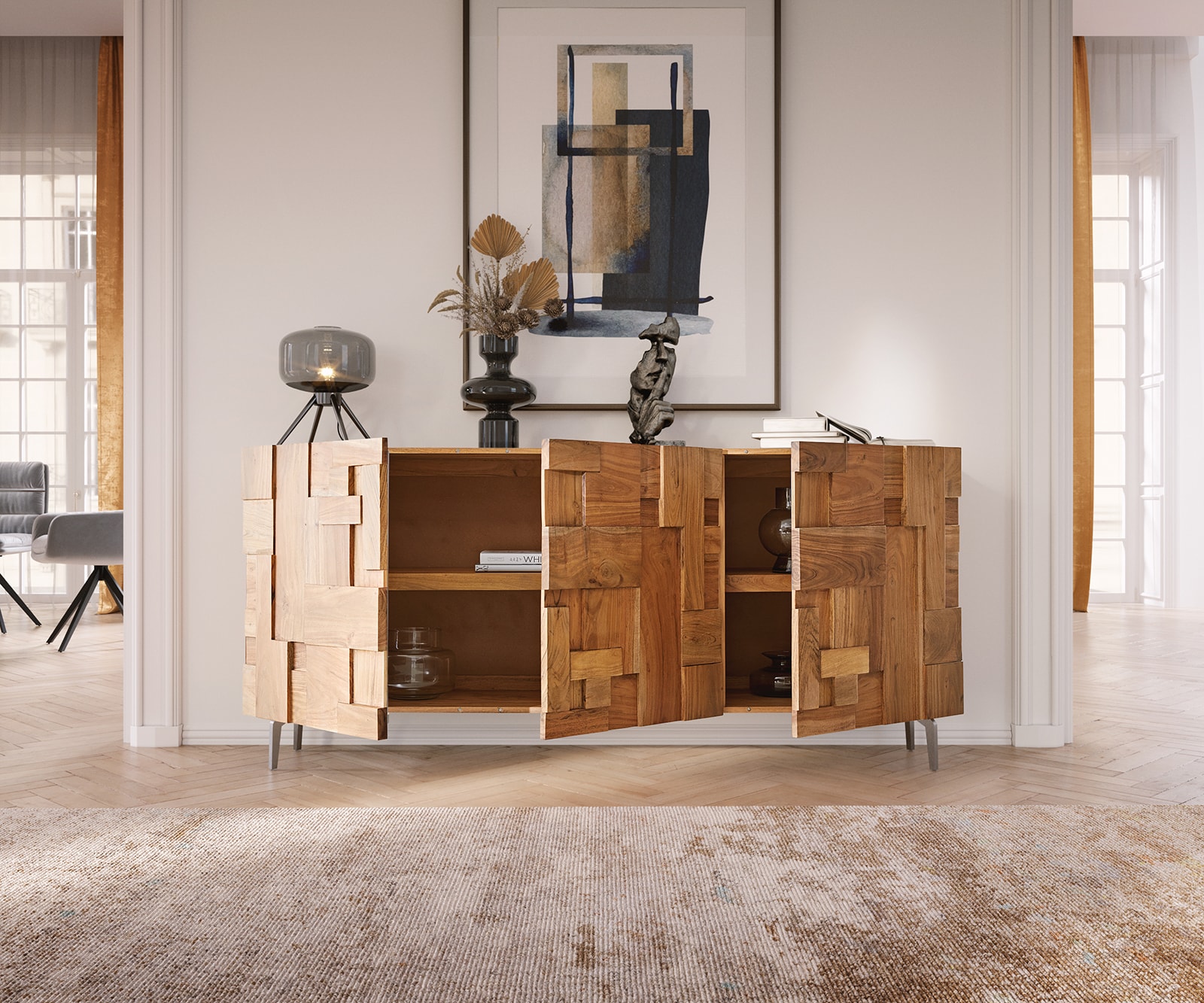 Бюфет 175 cm Акация Натурал 3 Врати винкелКрак Неръждаема стомана Puzzle 3 Бюфет 175 cm Акация Натурал 3 Врати винкелКрак Неръждаема стомана Puzzle 3