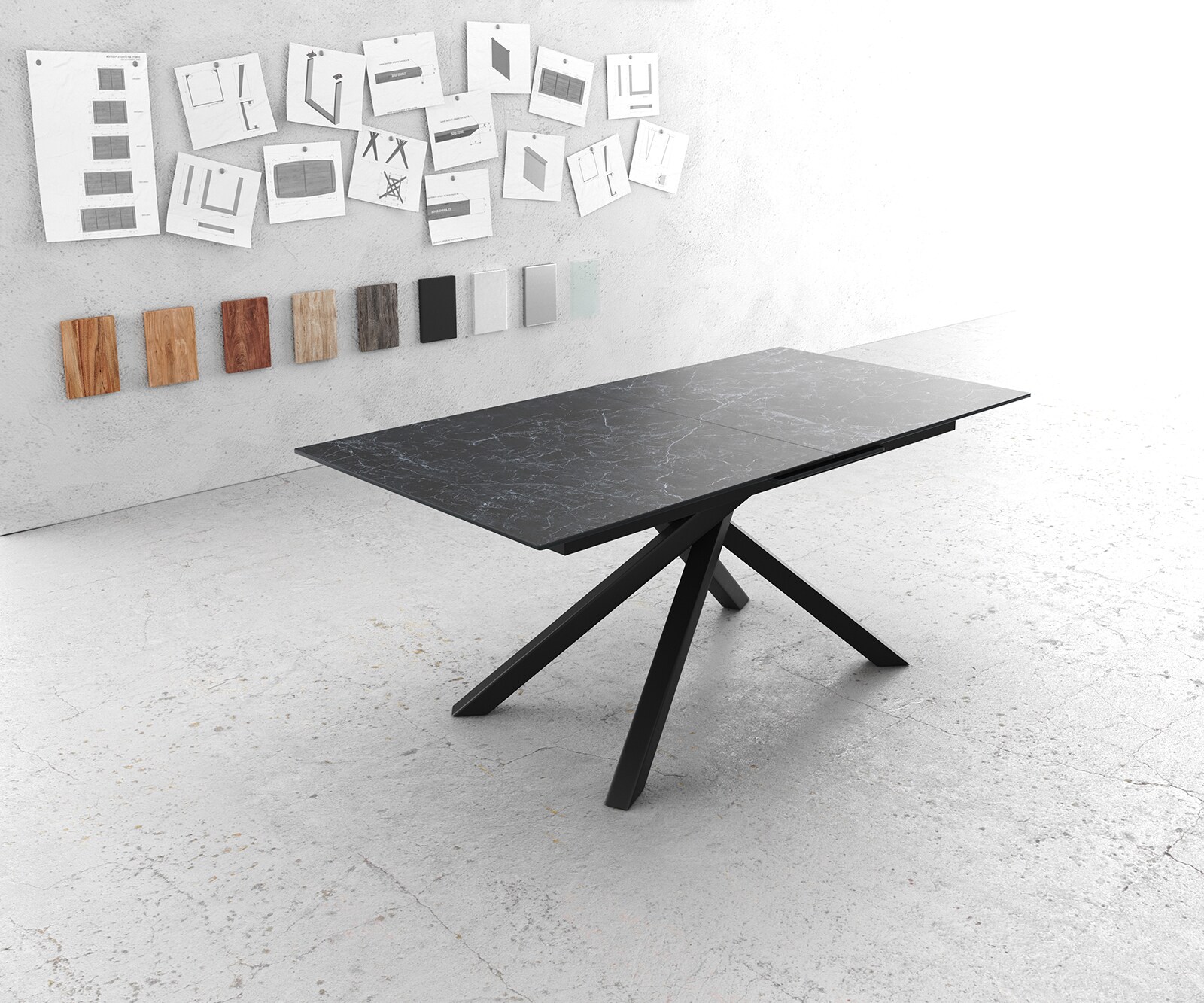 Разтегателна трапезна маса Edge 180-220х100 см Керамика Laminam®Nero Greco Антрацит Кръсртовидна основа Черен цвят 1