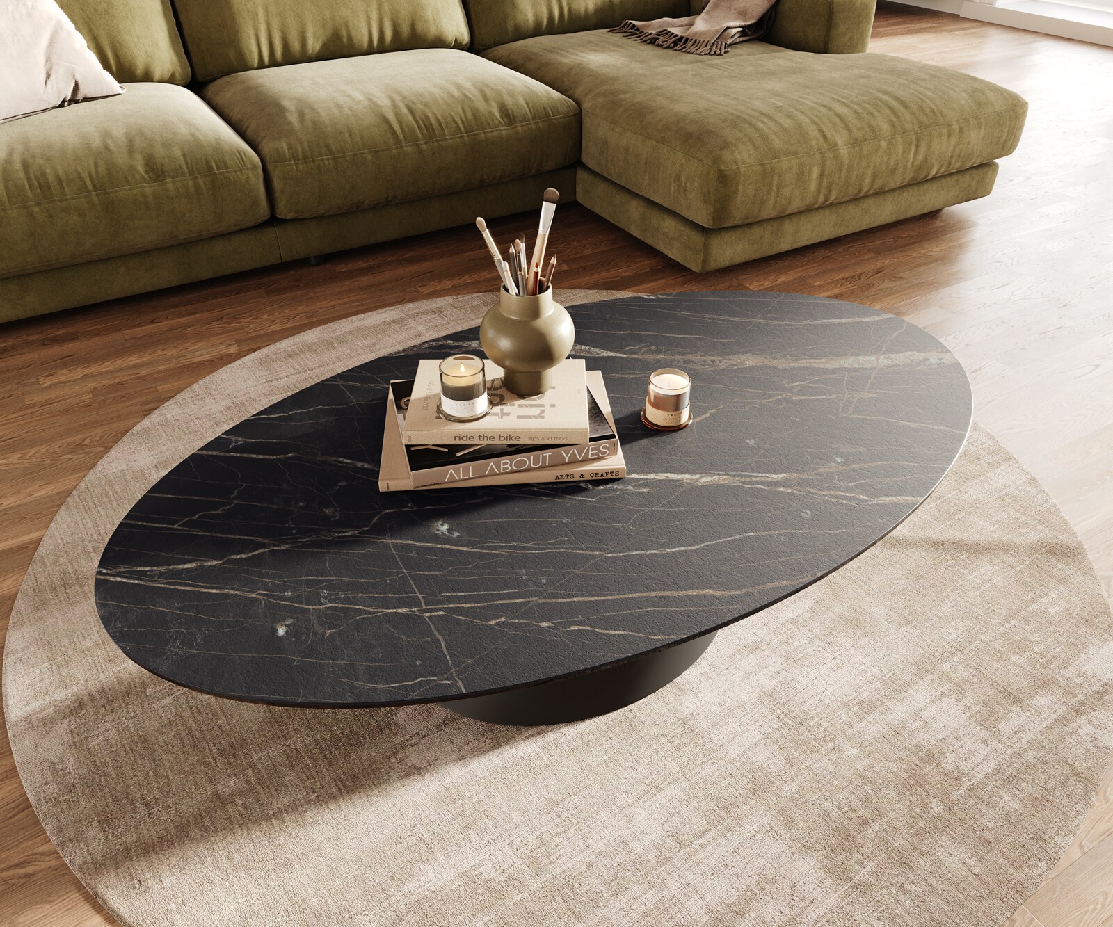 Масичка за хол Edge Oval 140x80 см, керамика Laminam, цвят „®“, Noir Desir, кафяво, Conis, метал, черно 4