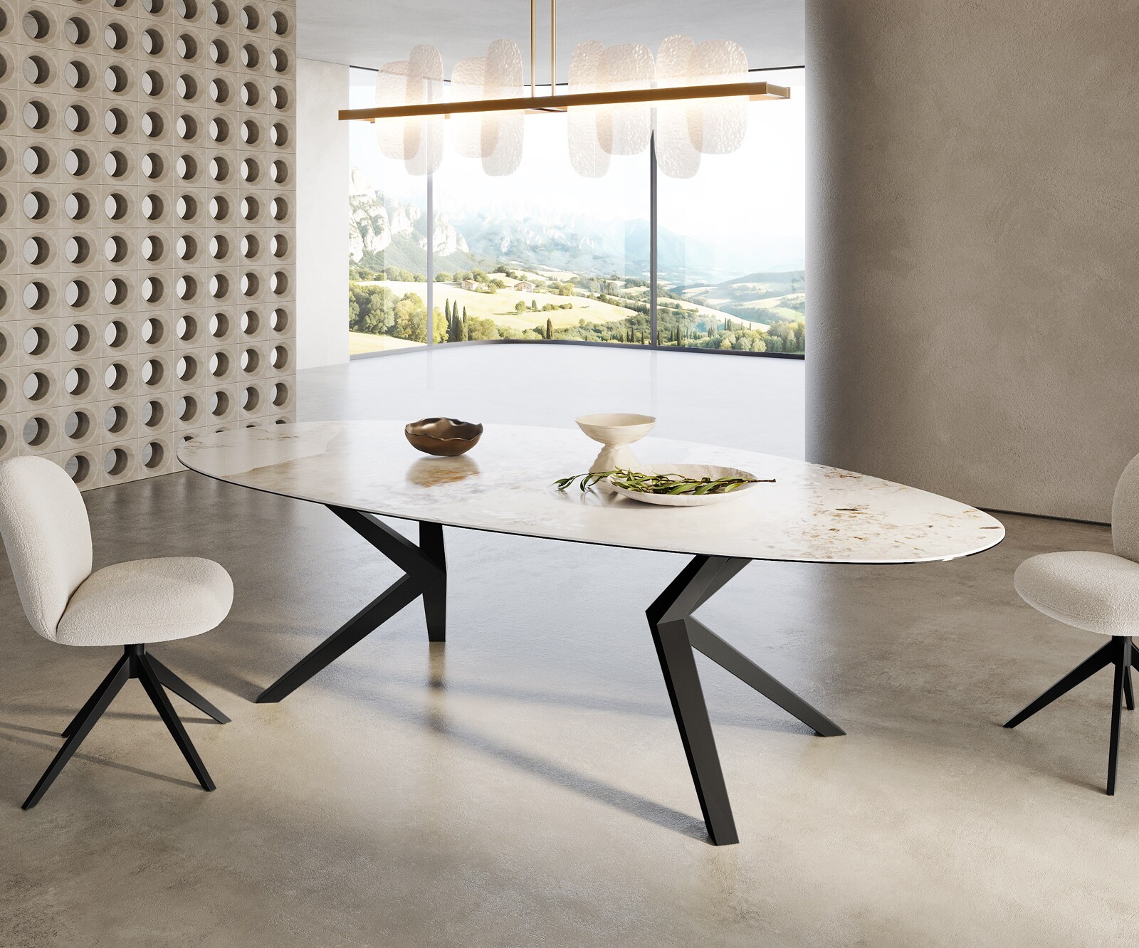 Трапезна маса Edge Oval 280x130, керамика Minas Melange, бяло-бежово, Zenthara, с остри ръбове, метал, черно 4