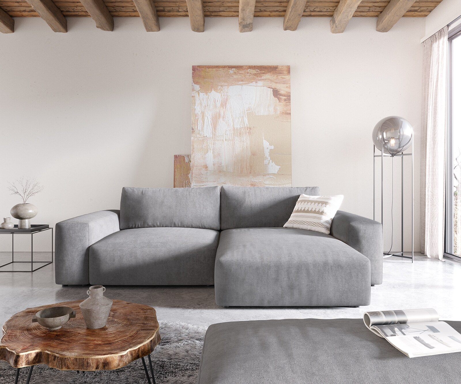 Ъглов диван Lanzo XL 270x180 см Микрофибър Сив, Лява/Дясна Лежанка, с табуретка 1