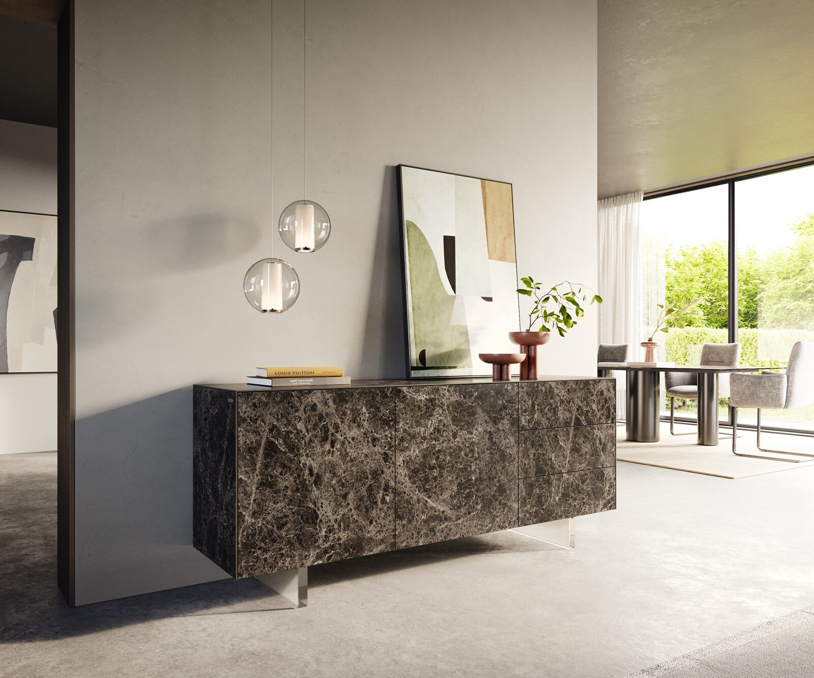 Бюфет Cuor 180 cm Керамичен ламинат® Emperador Extra Lucidato Тъмно кафяво 2 врати 3 чекмеджета Основа Плаващо акрилно стъкло