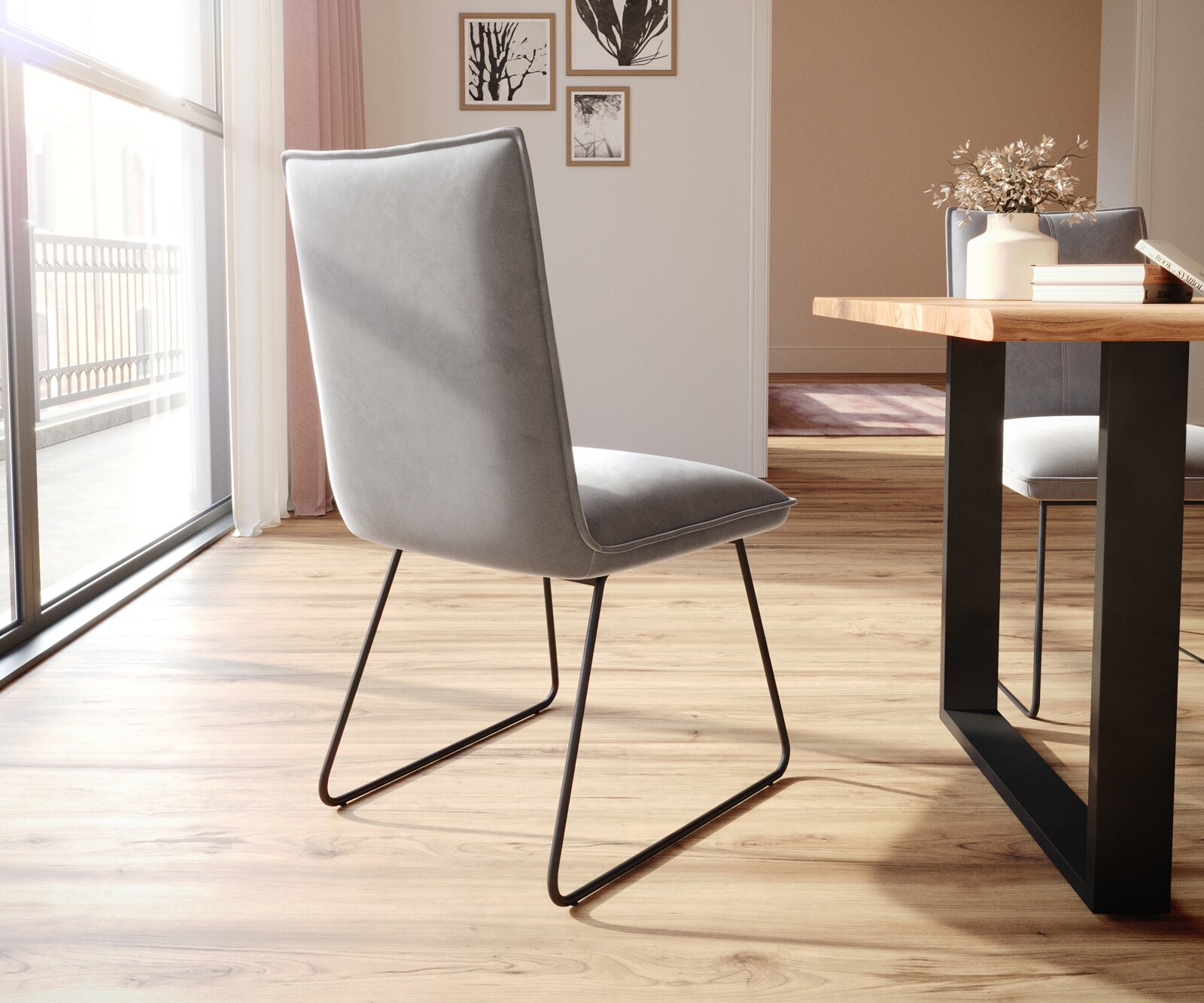 Трапезен стол Кадифе Сив Извити крака Черен  Покет пружина Lelio-Flex 5