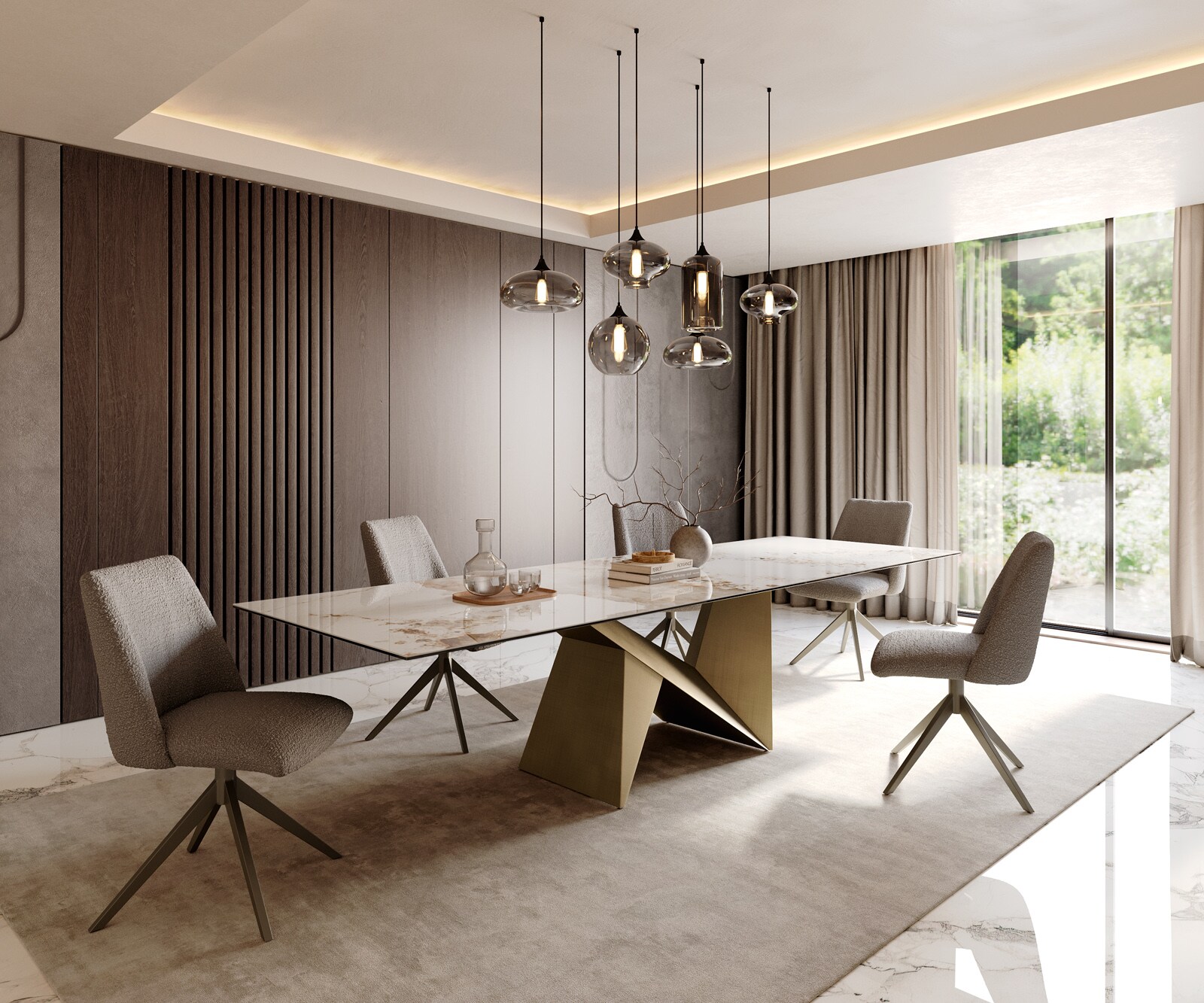 Трапезна маса Edge 300x100 керамика Minas Melange Бяло-бежово Origami Метално злато 6