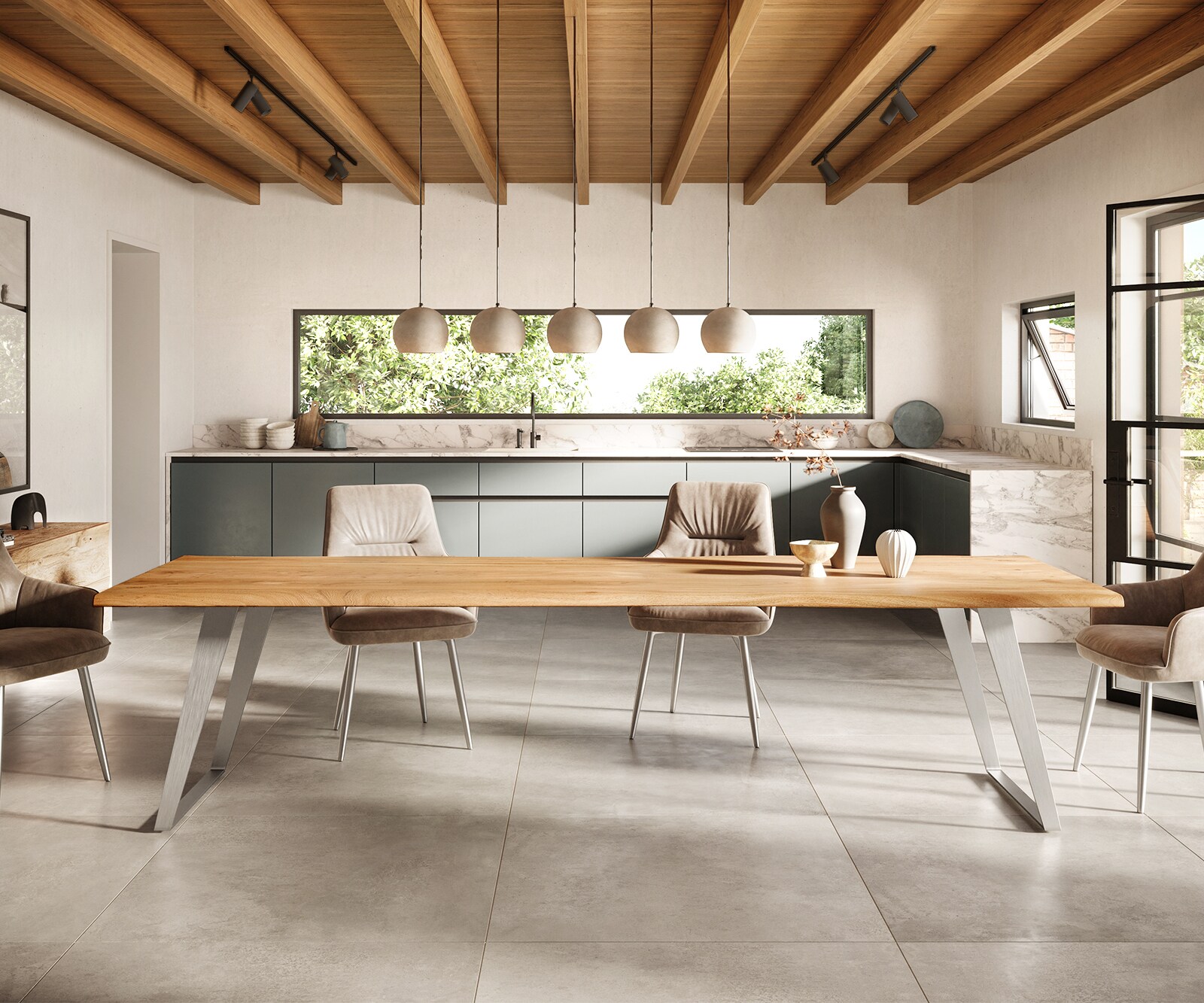 Маса 300x100cm Акация Натурал Неръждаема стомана Сребрист под ъгъл Edge 2