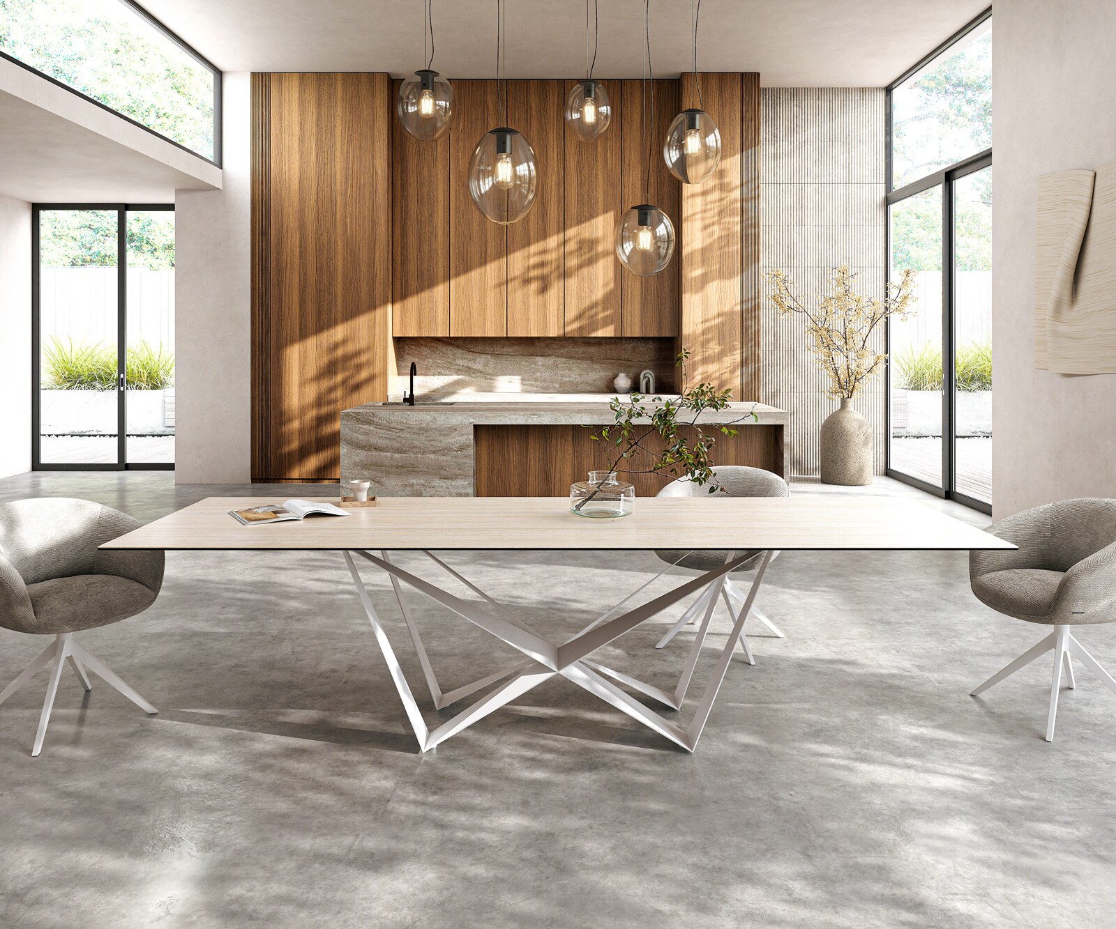 Трапезна маса Edge 300x100, керамика Laminam „®“, Travertino Bianco, кремаво-бяла, Spider, метал, бял 2