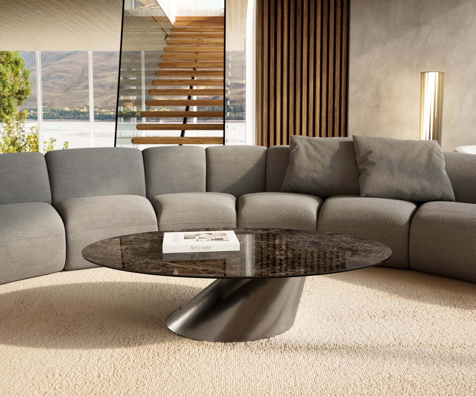 Масичка за кафе Edge Oval 140x80 cm керамика Laminam® Emperador Extra Lucidato Тъмнокафяво Conis матирана неръждаема стомана 2