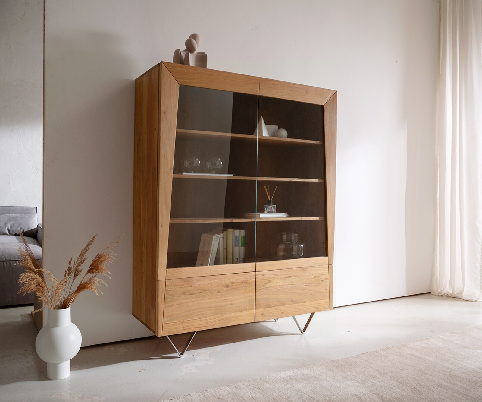 Висок шкаф 115x150 cm Акация Натурал 2 Стъклени врати V-Крак Kayu