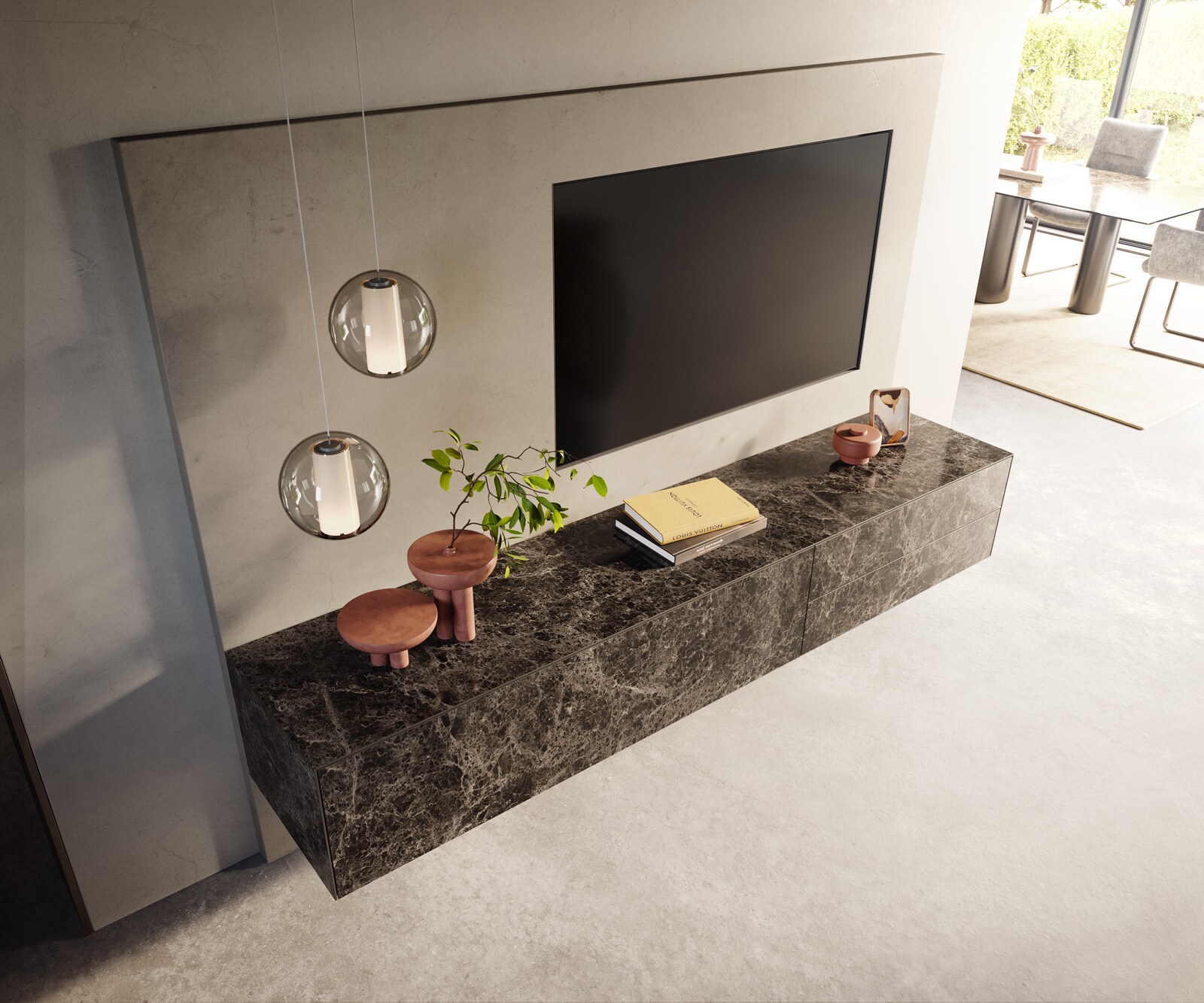 Стенен ТВ шкаф Cuor 220 см Керамика Laminam® Emperador Extra Lucidato Тъмно-кафяво 1 врата 2 чекмеджета  3