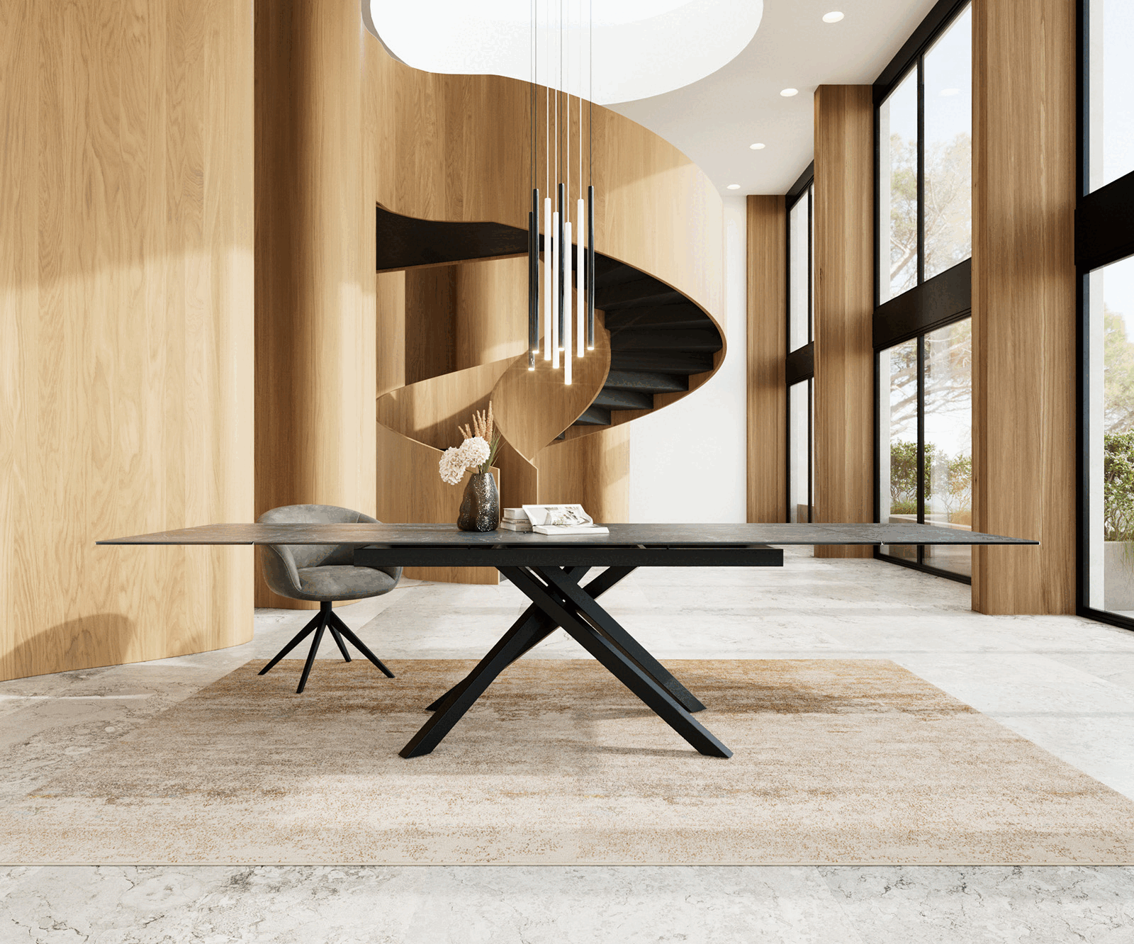 Разтегателна трапезна маса Edge 200-300х100 см Керамика Laminam® Nero Greco Антрацит Кръсртовидна основа Черен 1